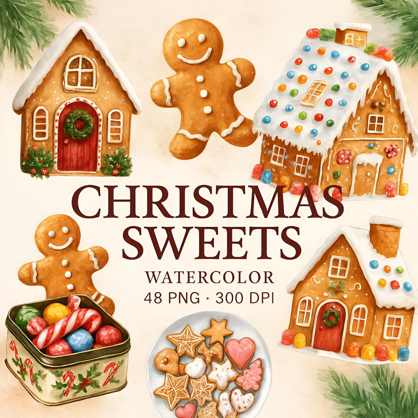 Watercolor Christmas Sweets Clipart Set: 48 PNG Designs with Transparent Background