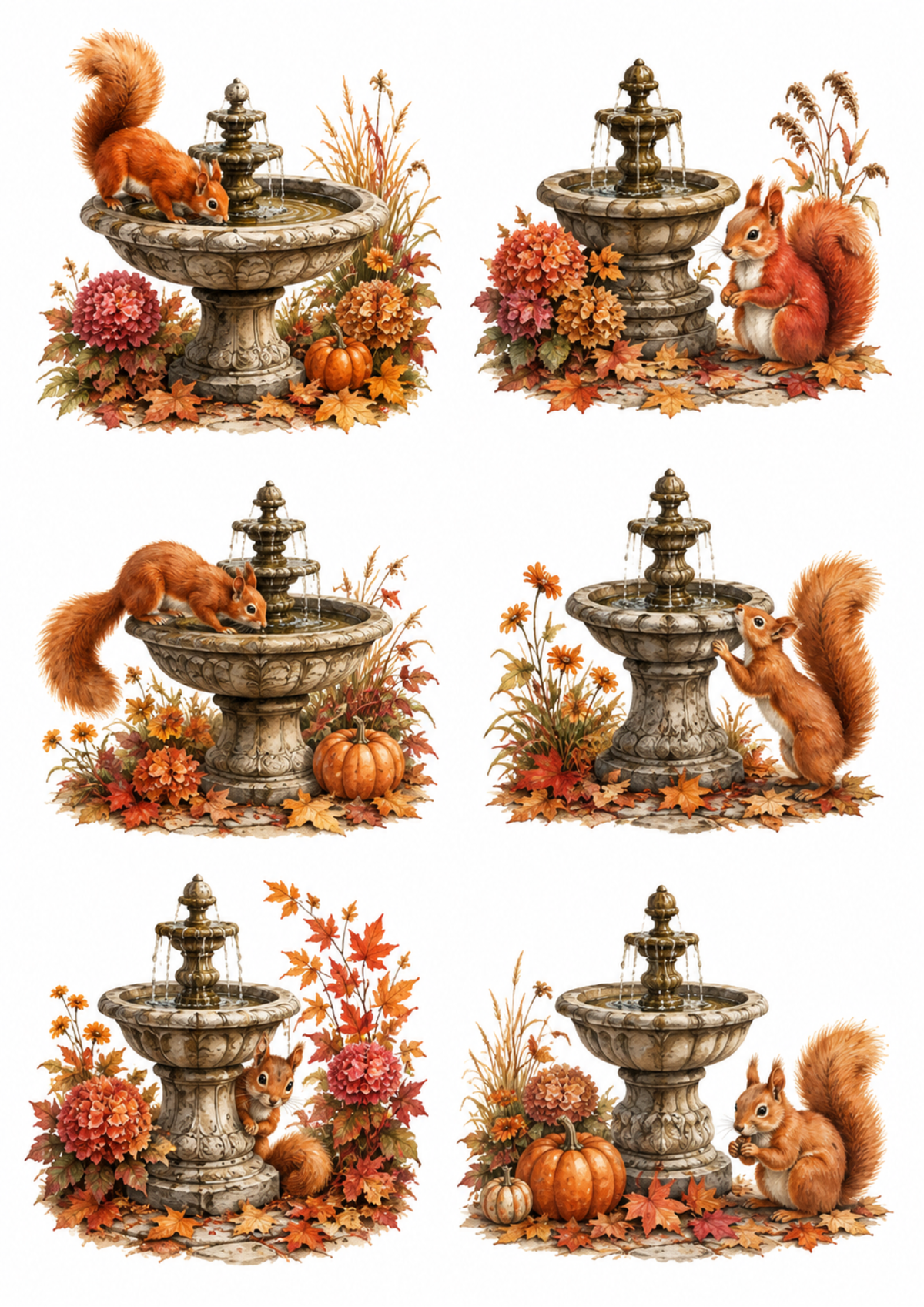 Sticker Sheet / Greeting Card – Thirsty Squirrel in the Garden Fontaine Collage Cat. No. 10231