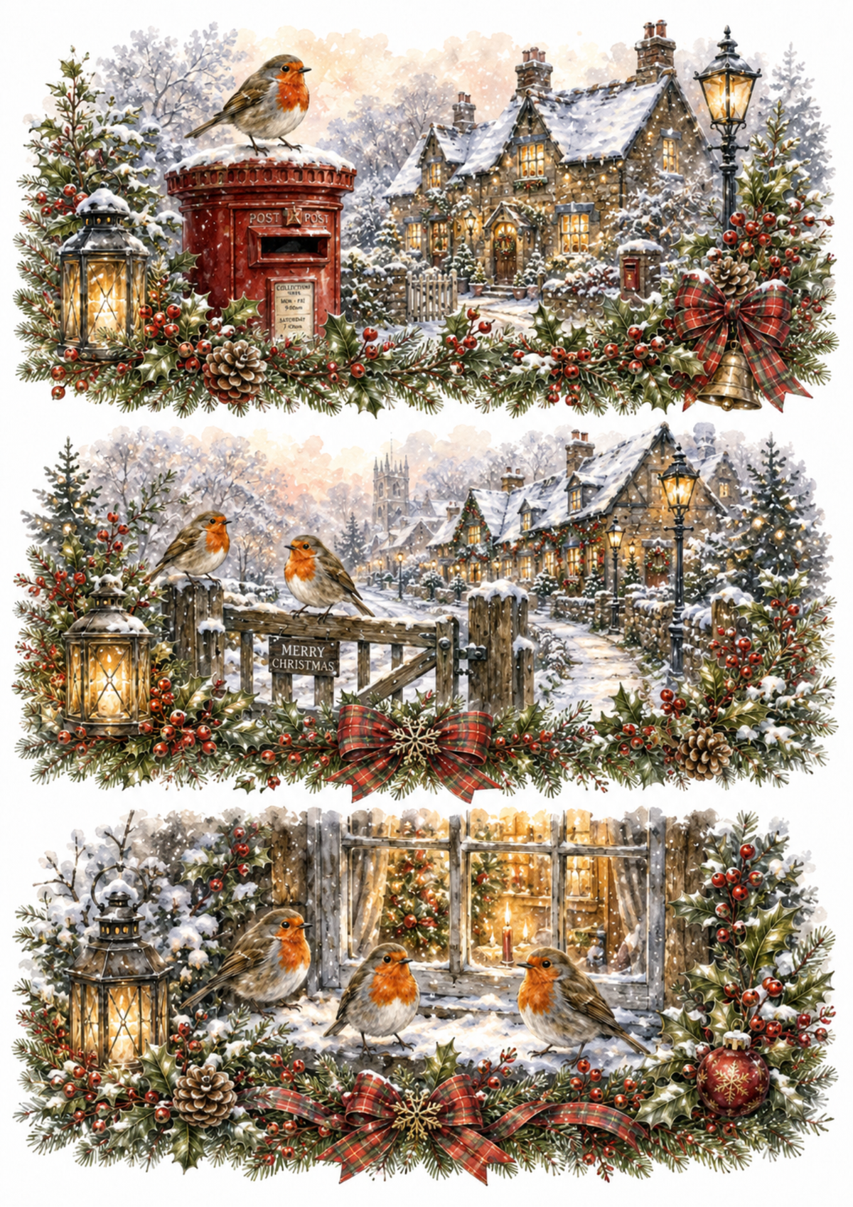 Sticker Sheet / Greeting Card – Robins and Christmas Cottage Vignettes Collage Cat. No. 10371