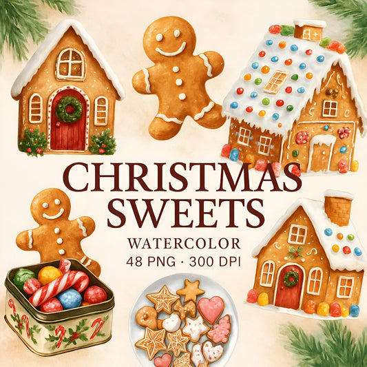Watercolor Christmas Sweets Clipart Set: 48 PNG Designs with Transparent Background