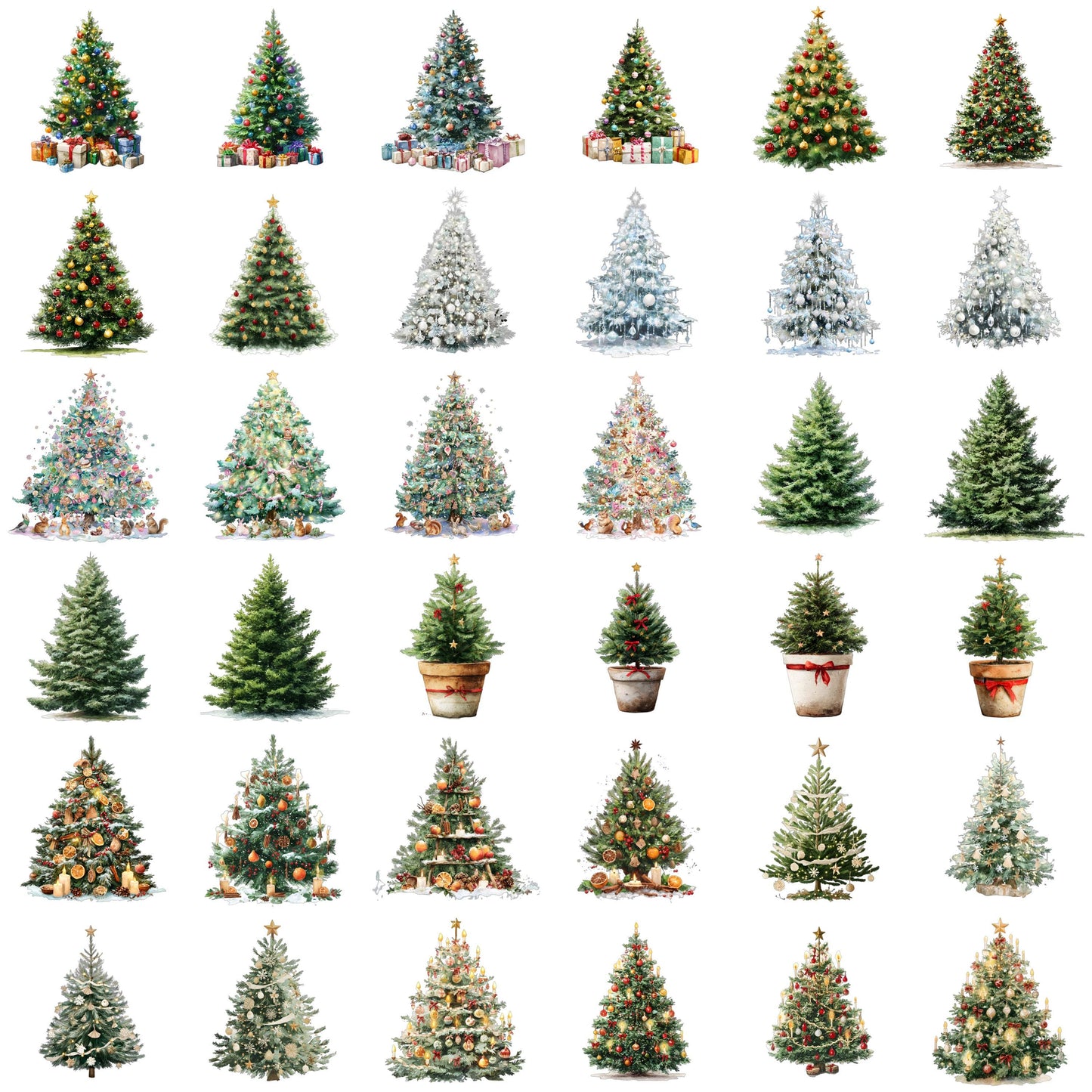 Watercolor Christmas Trees Clipart Set: 36 PNG Designs with Transparent Background