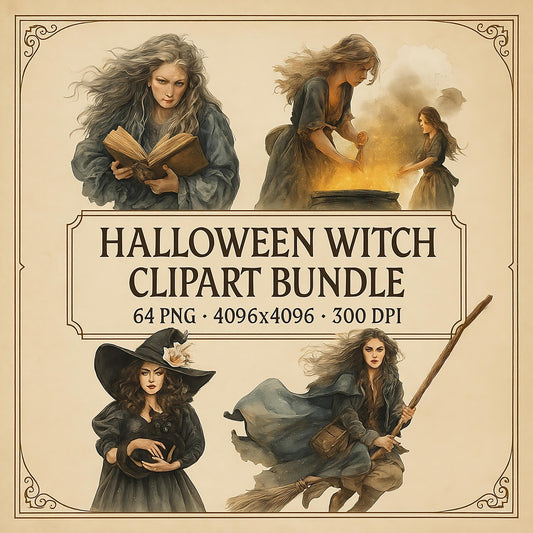 Watercolor Witch 64 PNG Clipart Bundle: Halloween PNG Graphics (Digital Download)