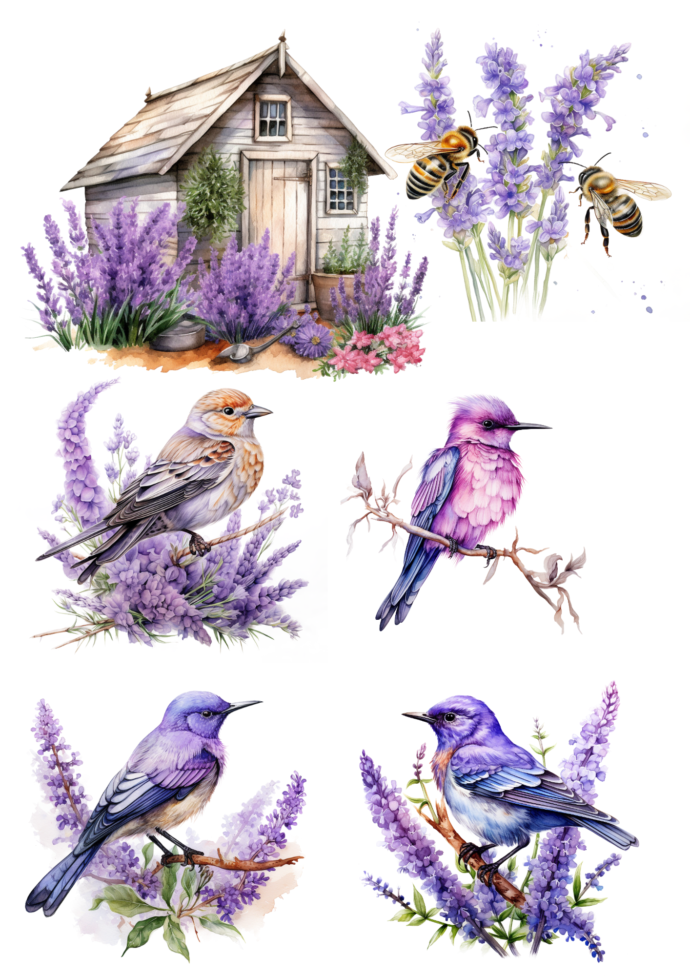 Sticker Sheet / Greeting Card – Birds And Lavender Collage Cat No. 4005