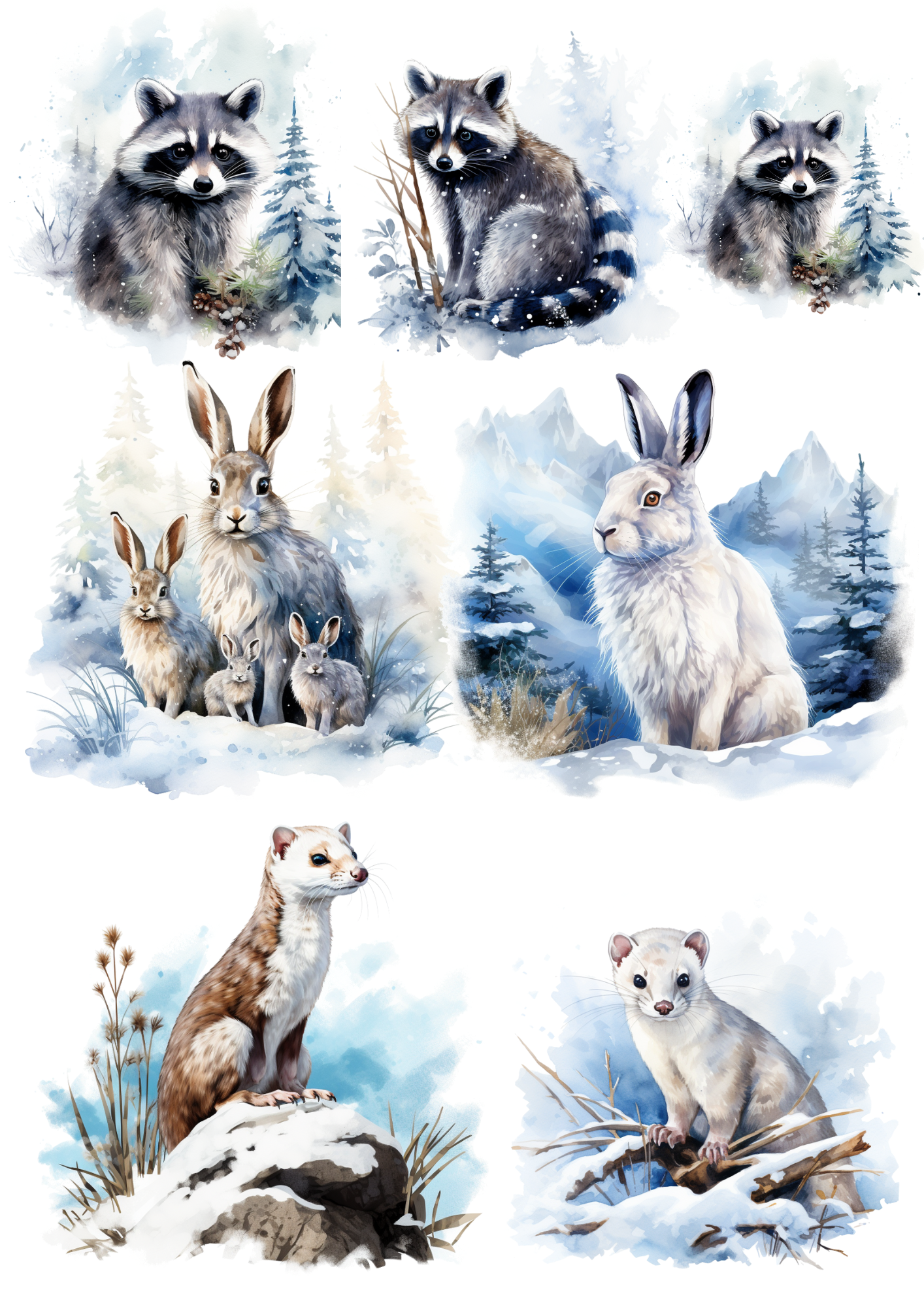 Sticker Sheet / Greeting Card – Various Animals in Winter Collage Cat No. 4013