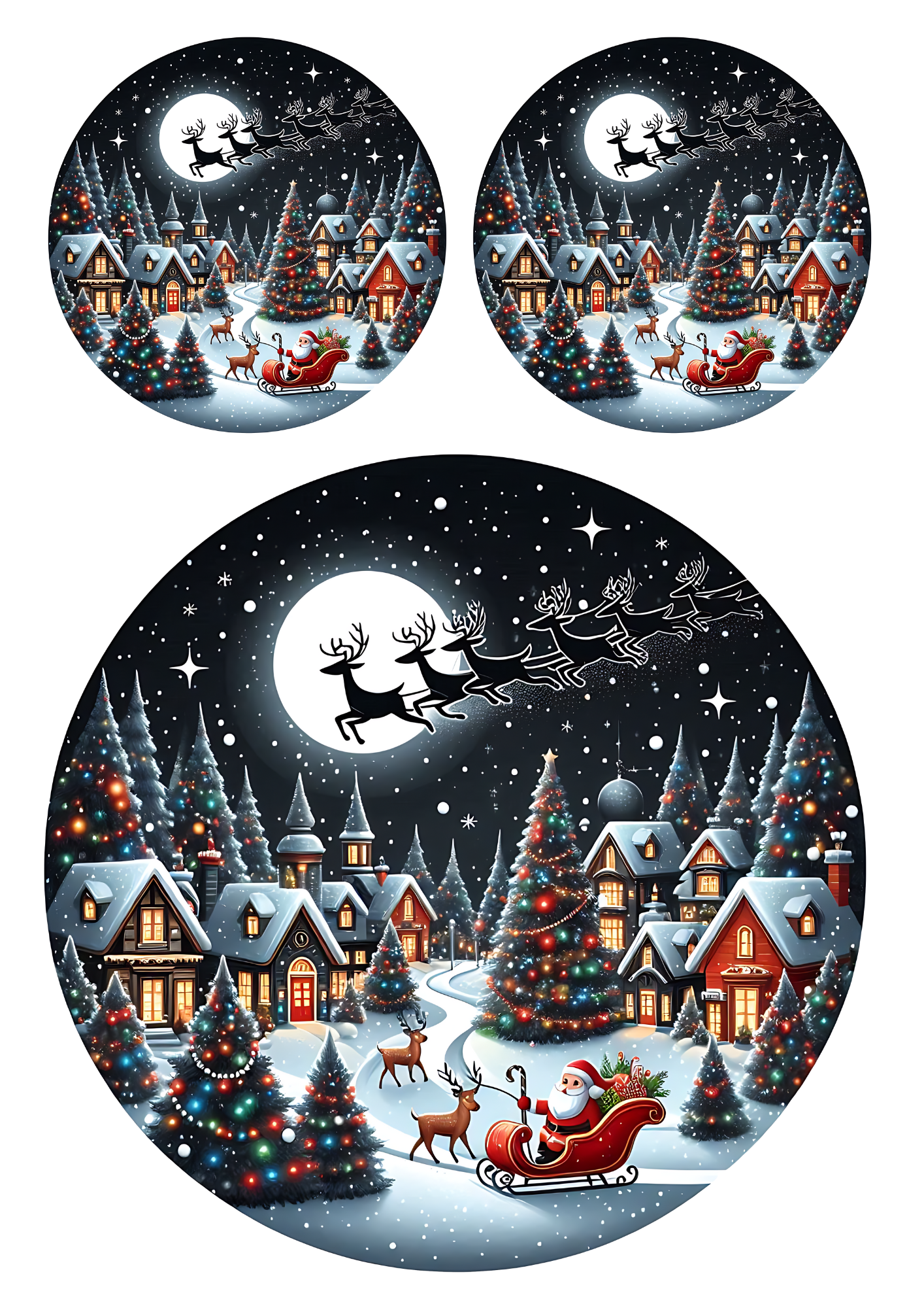 Sticker Sheet / Greeting Card – Christmas Village at Night in Circles Collage Cat No. 4032