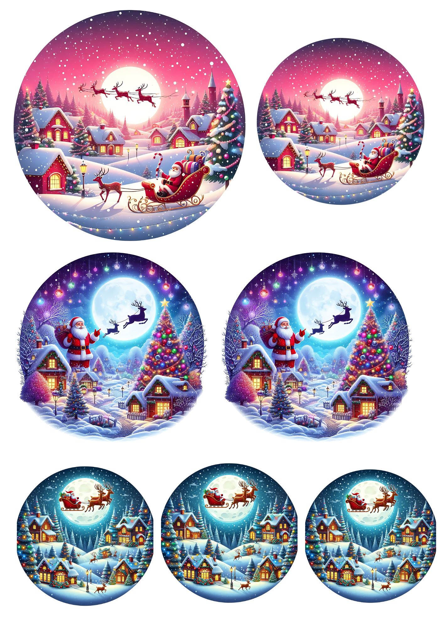 Sticker Sheet – Santa Claus in a Sleigh Over the Cty iin Circles Collage Cat No. 4033