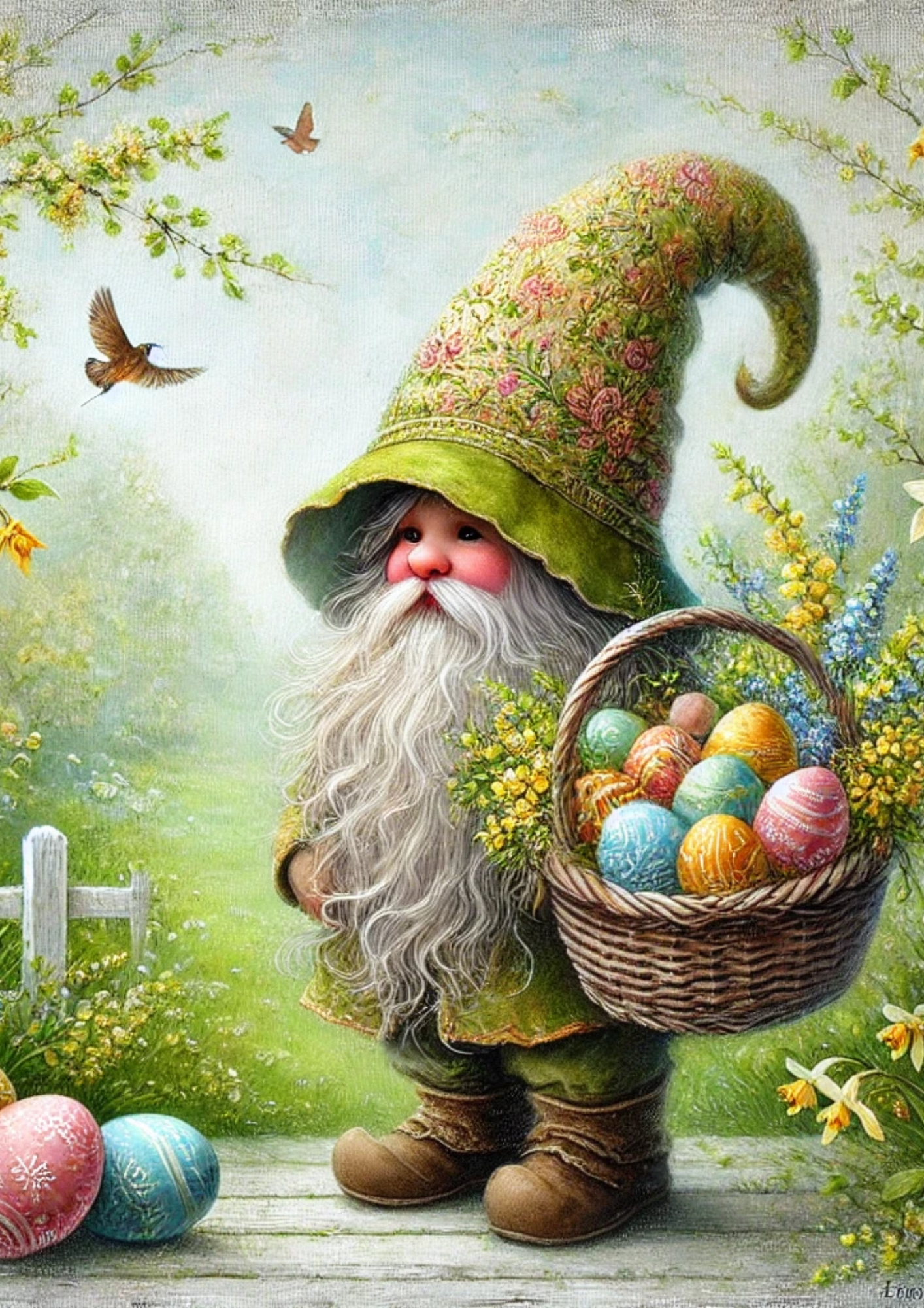 Sticker Sheet / Greeting Card – Leprechaun With Easter Basket 3 Full Cat No. 4055