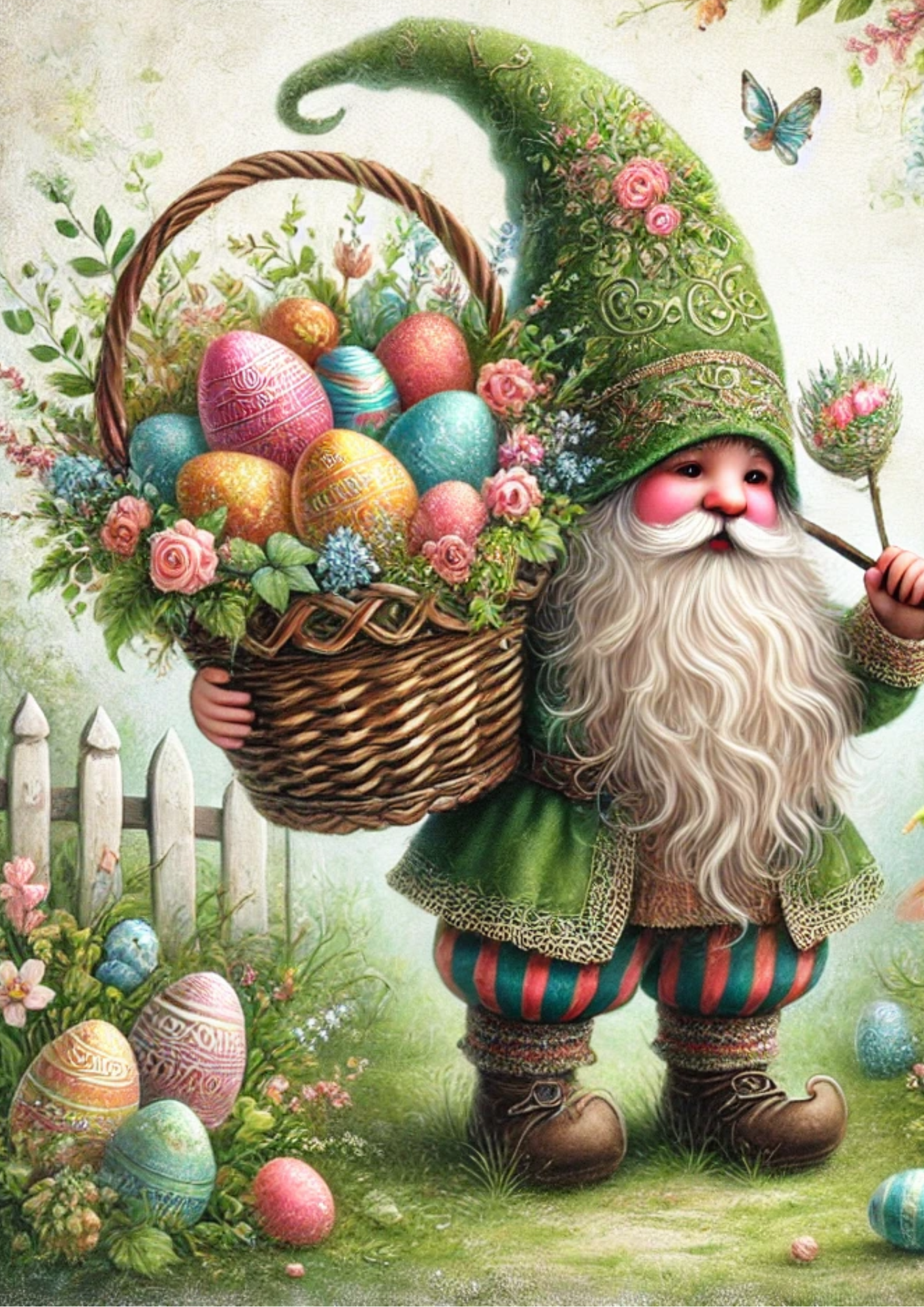 Sticker Sheet / Greeting Card – Leprechaun With Easter Basket 5 Full Cat No. 4057