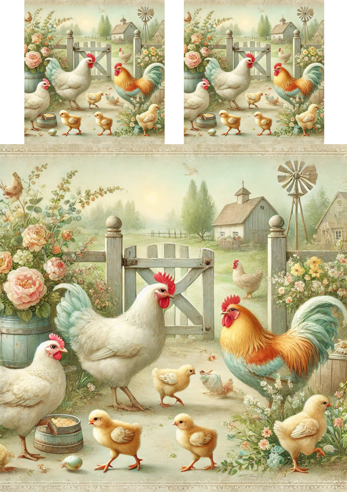 Sticker Sheet / Greeting Card – Hens, Rooster And Chicks Collage Cat No. 4068