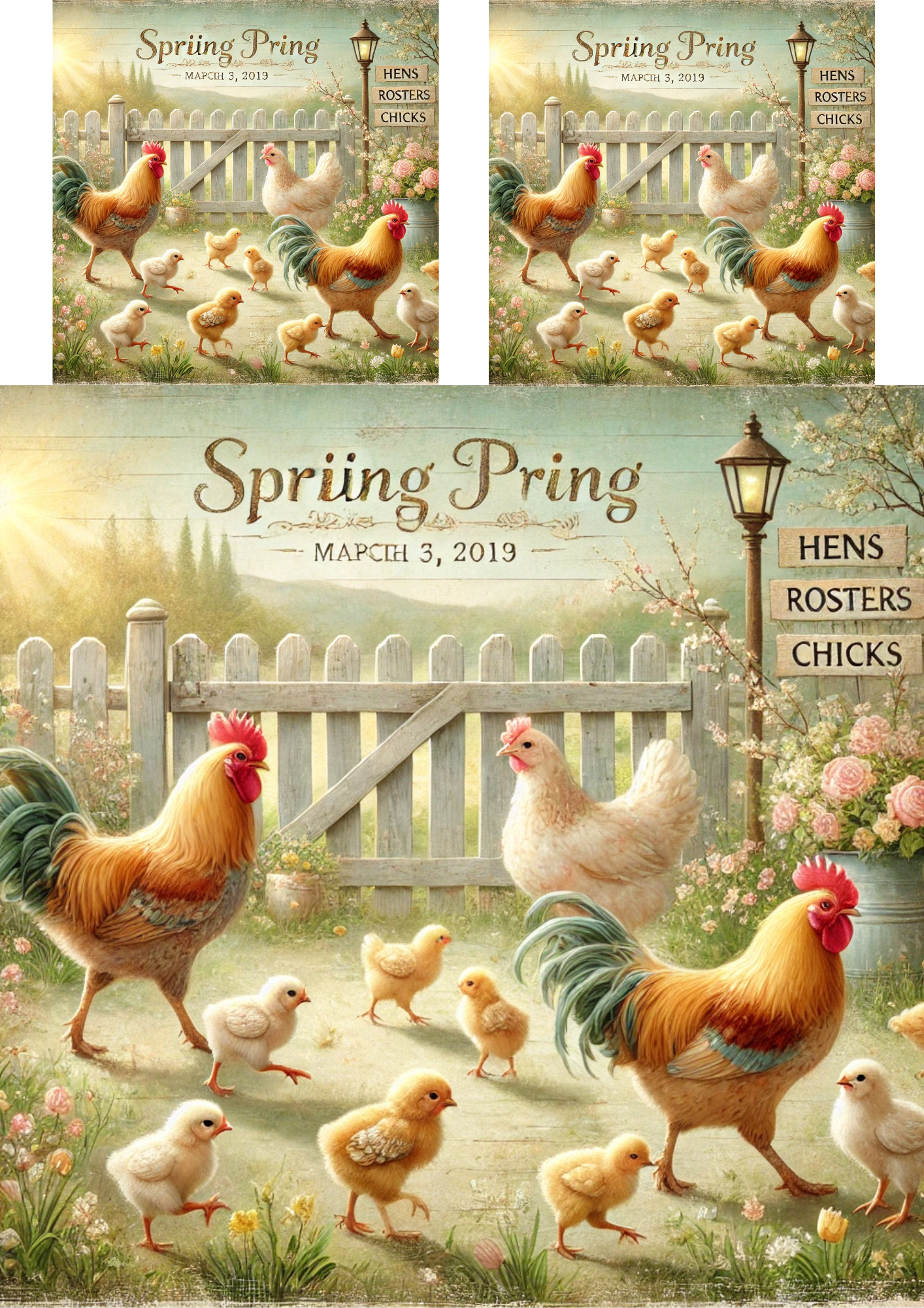 Sticker Sheet / Greeting Card – Hens, Rooster And Chicks 2 Collage Cat No. 4069