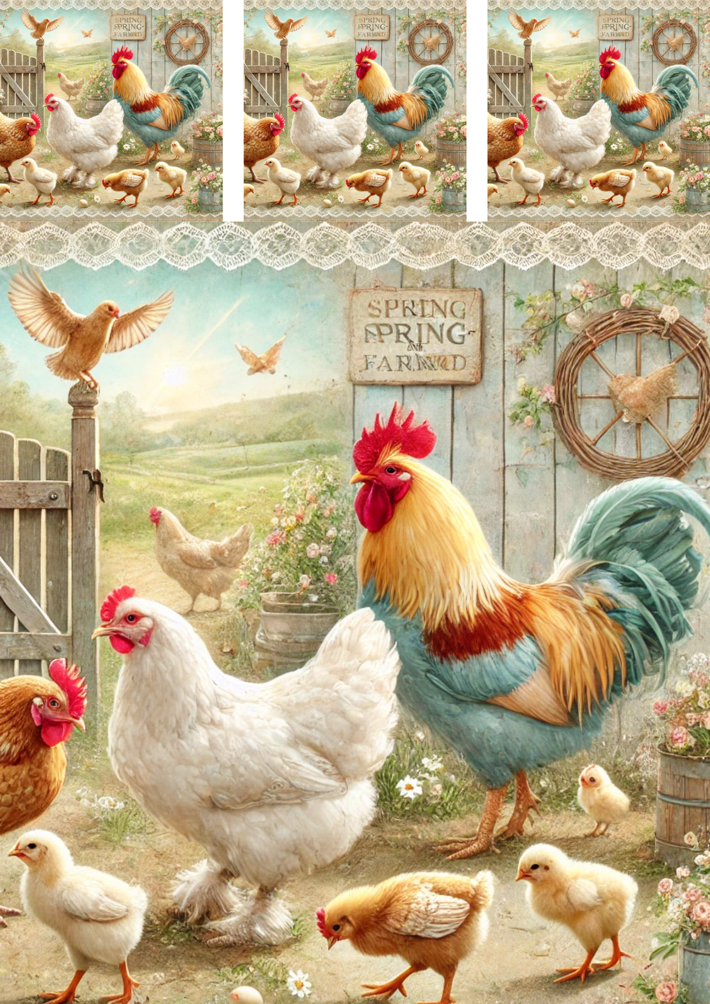 Sticker Sheet / Greeting Card – Hens, Rooster And Chicks 3 Collage Cat No. 4070