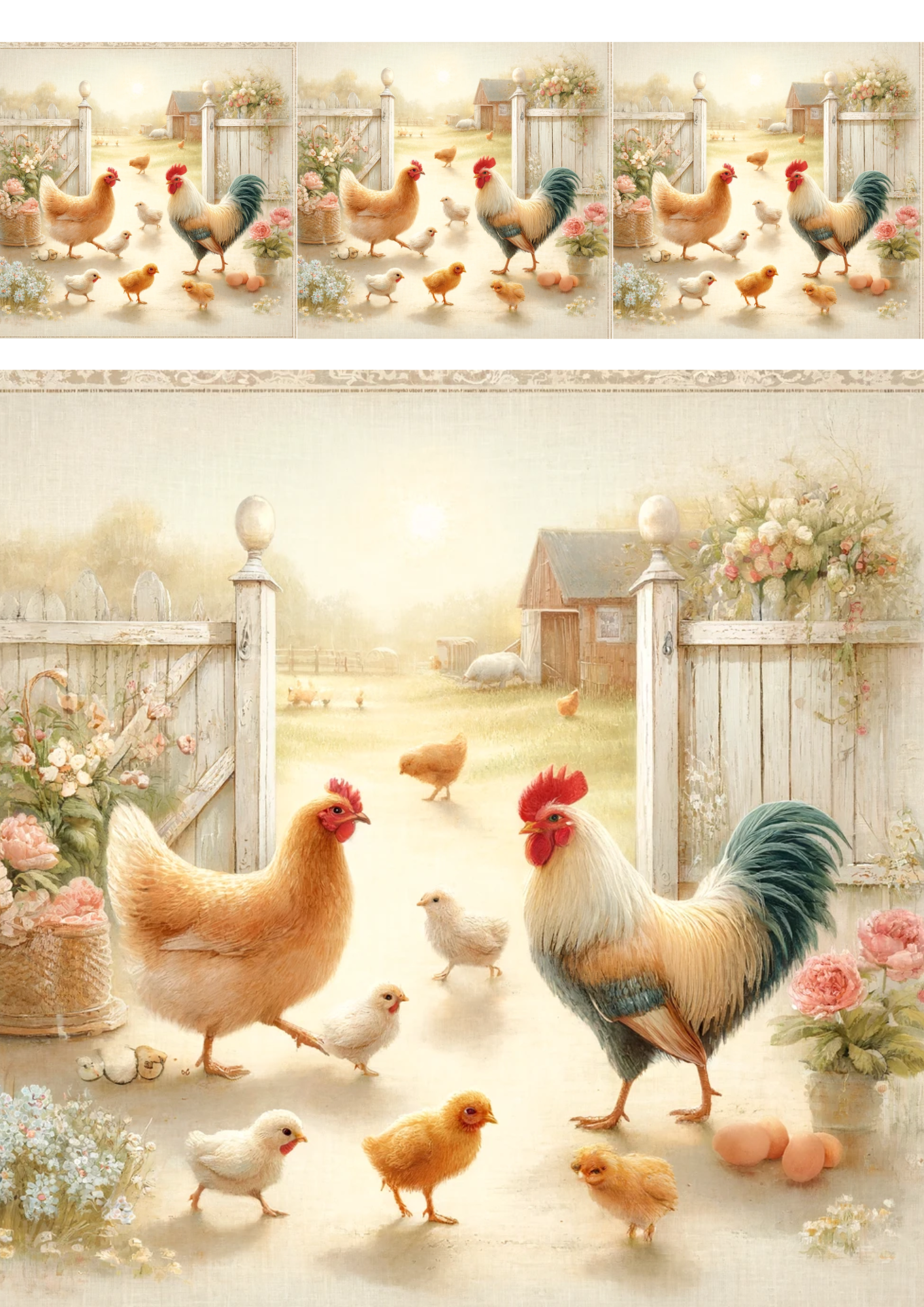 Sticker Sheet / Greeting Card – Hens, Rooster And Chicks 4 Collage Cat No. 4071