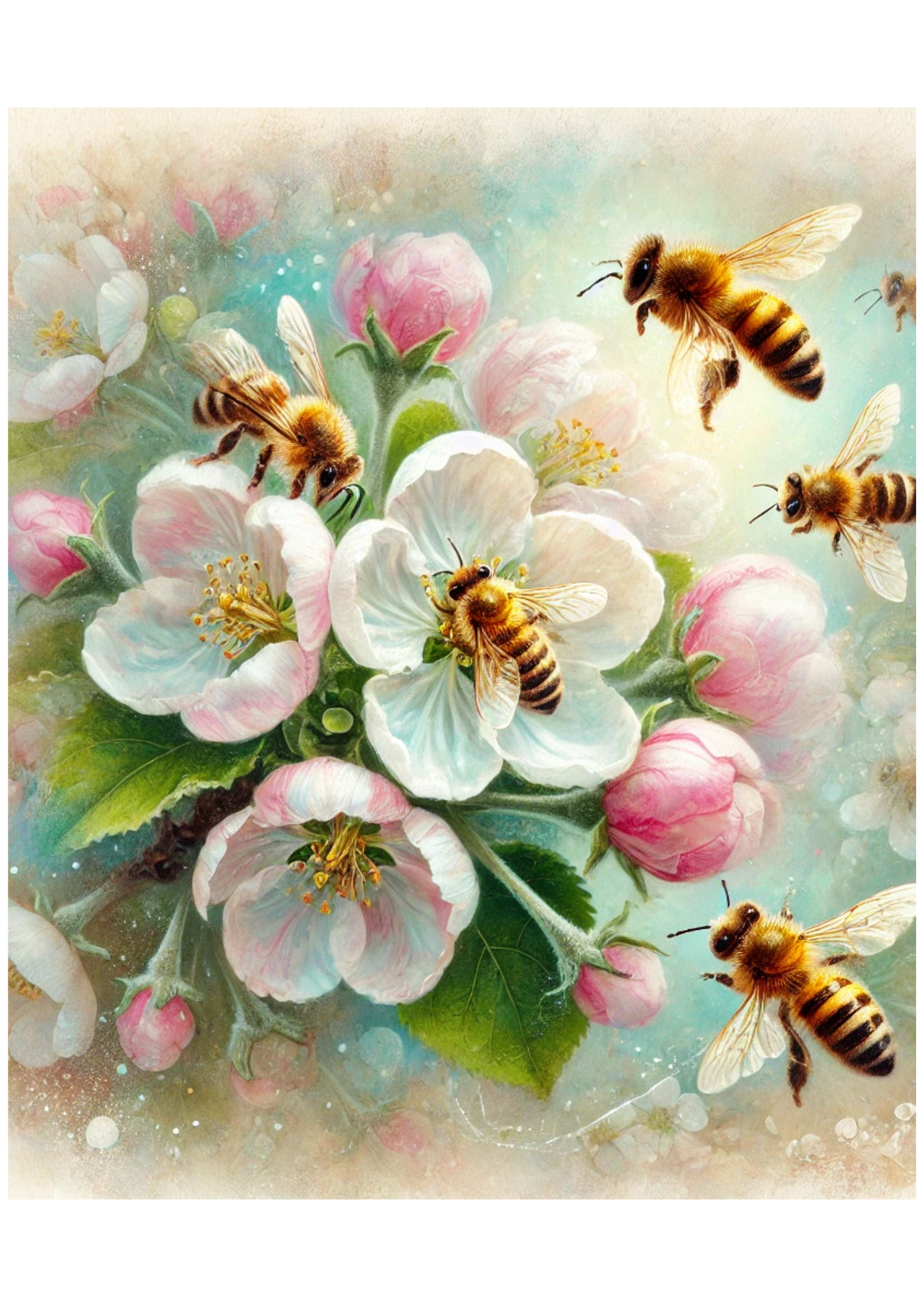 Sticker Sheet / Greeting Card – Bees On A Blooming Apple Tree 4 Collage Cat No. 4091