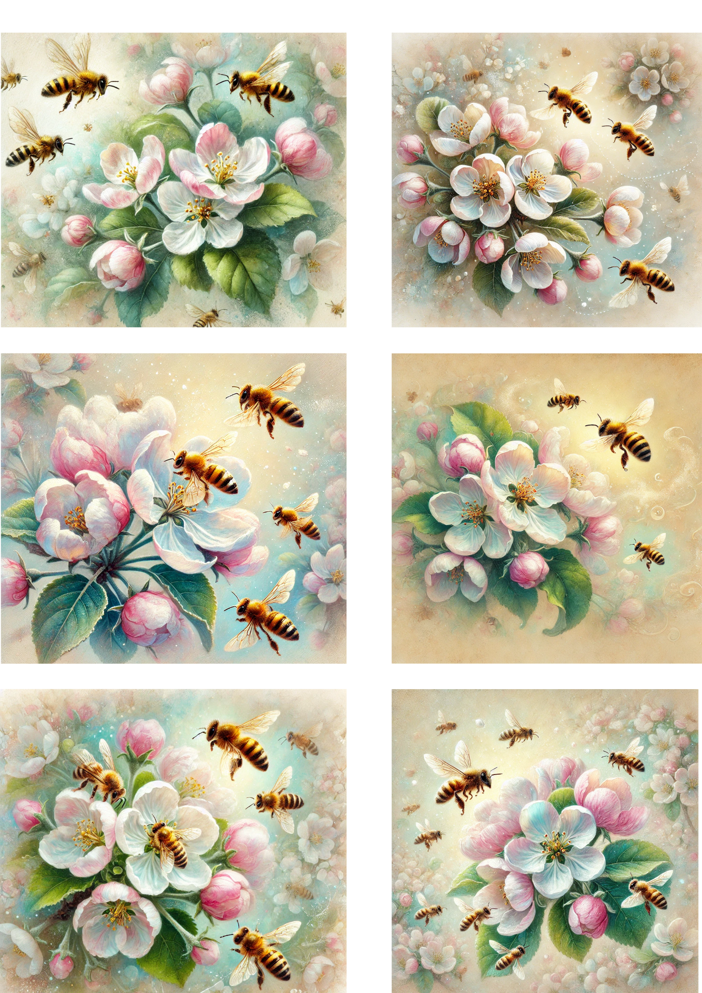 Sticker Sheet / Greeting Card – Bees On A Blooming Apple Tree 5 Collage Cat No. 4092