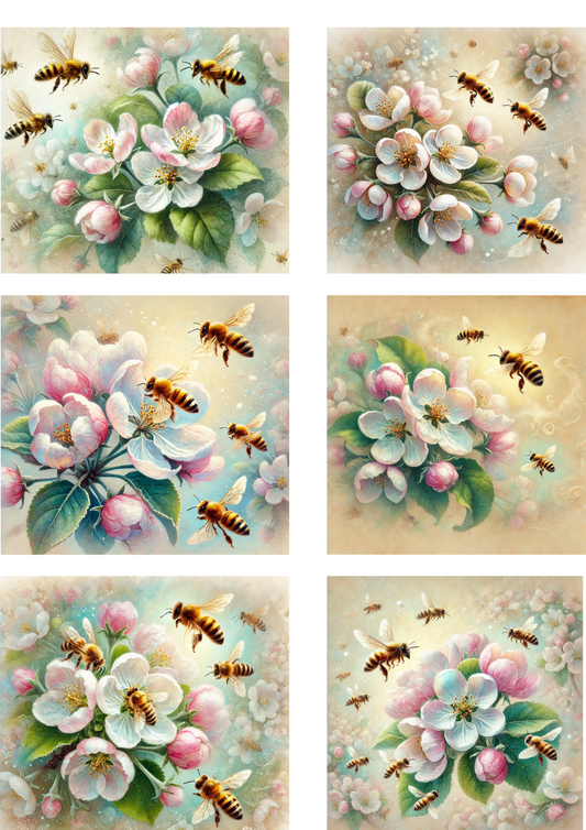 Sticker Sheet – Bees On A Blooming Apple Tree 5 Collage Cat No. 4092