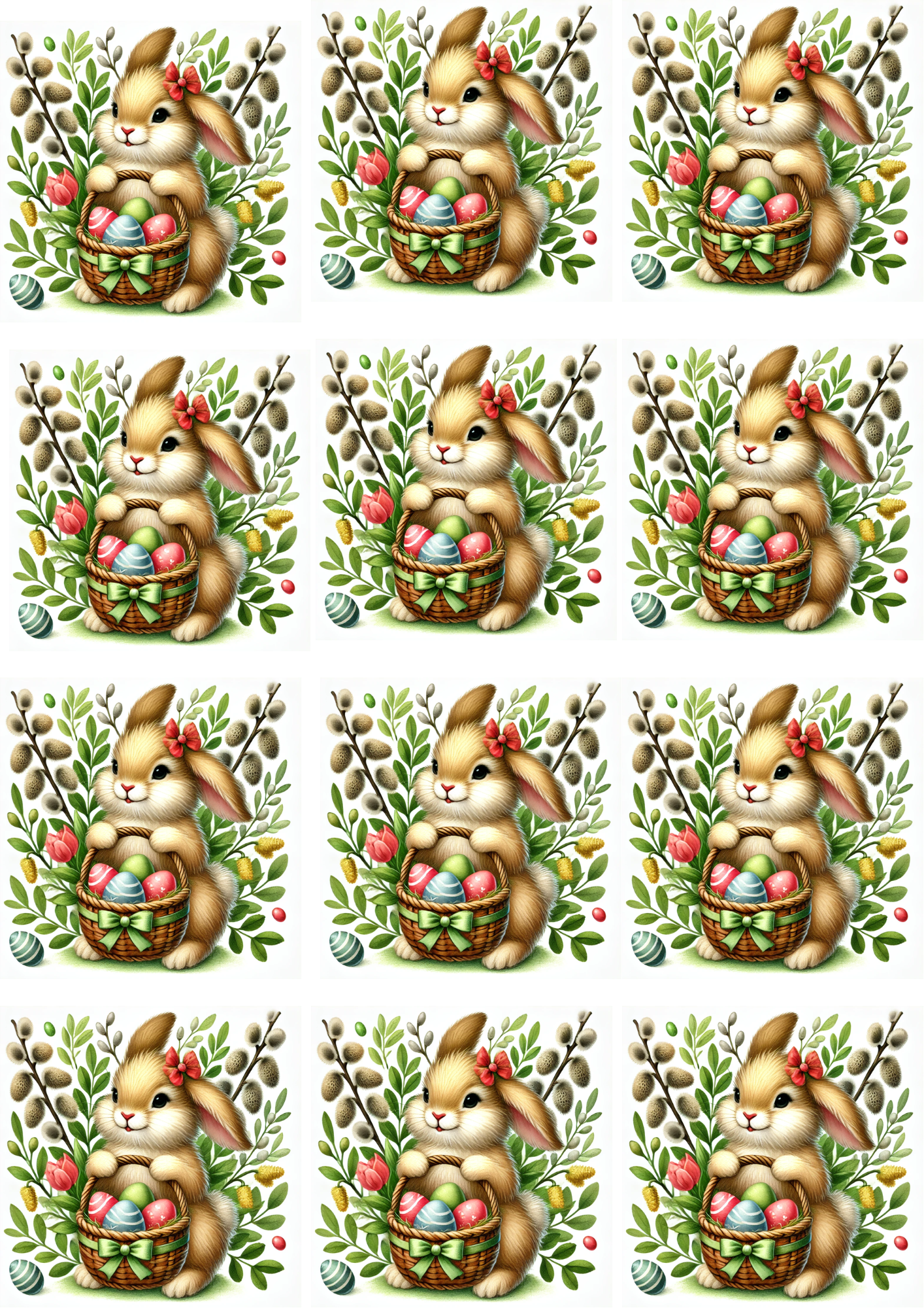 Sticker Sheet / Greeting Card – Bunny With Easter Basket 3 Collage Cat No. 4121