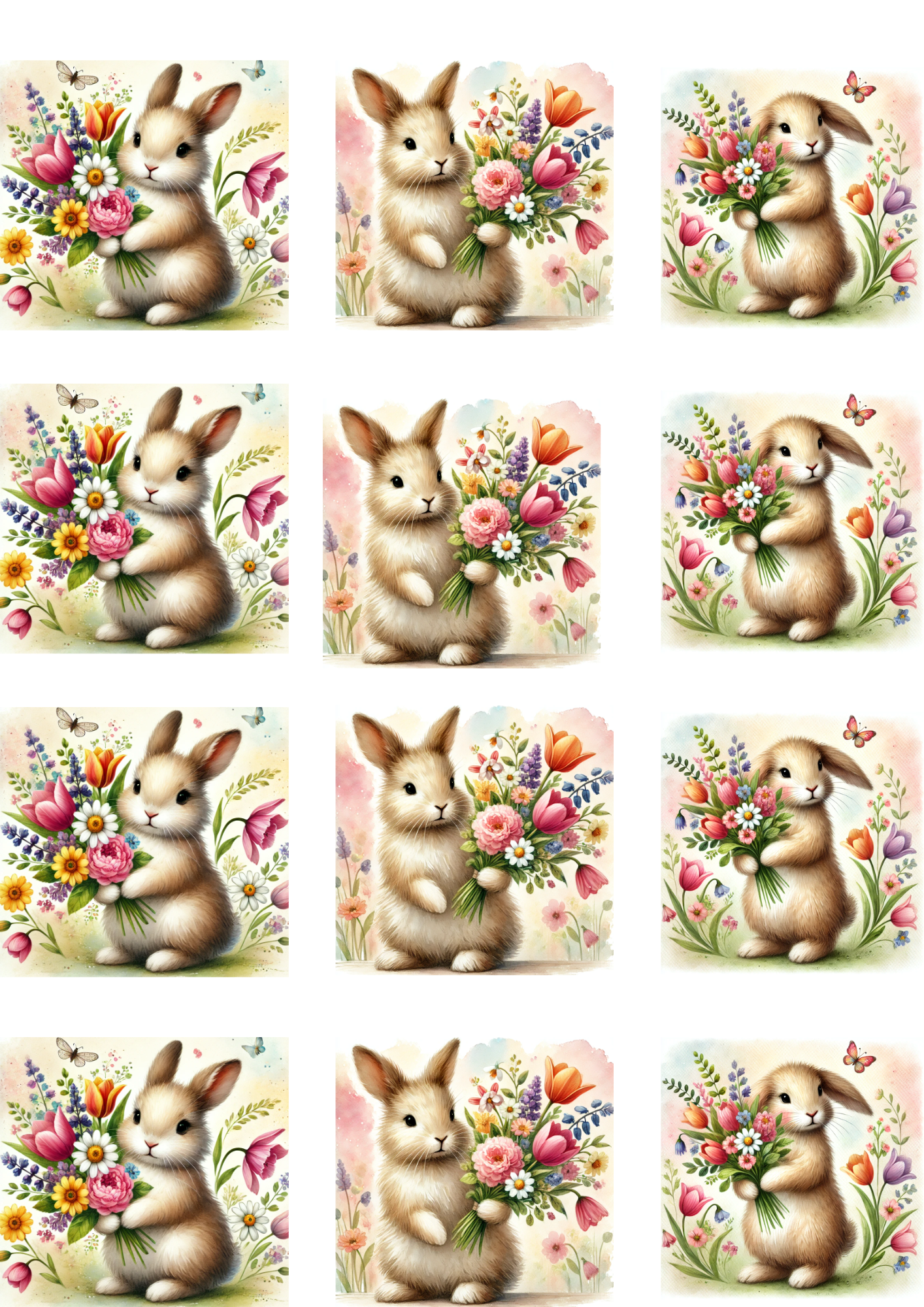 Sticker Sheet / Greeting Card – Easter Bunny And Flower Bouquet 2 Collage Cat No. 4130