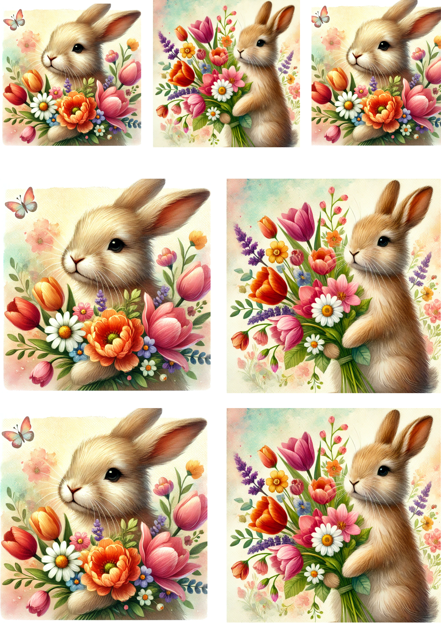 Sticker Sheet / Greeting Card – Easter Bunny And Flower Bouquet 3 Collage Cat No. 4131