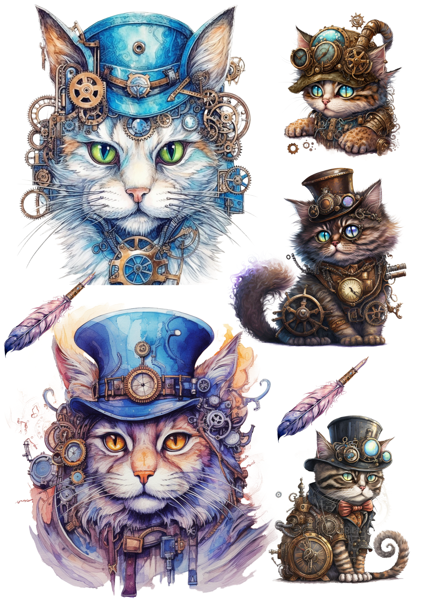 Sticker Sheet / Greeting Card – Cat Steampunk Collage Cat No. 4140