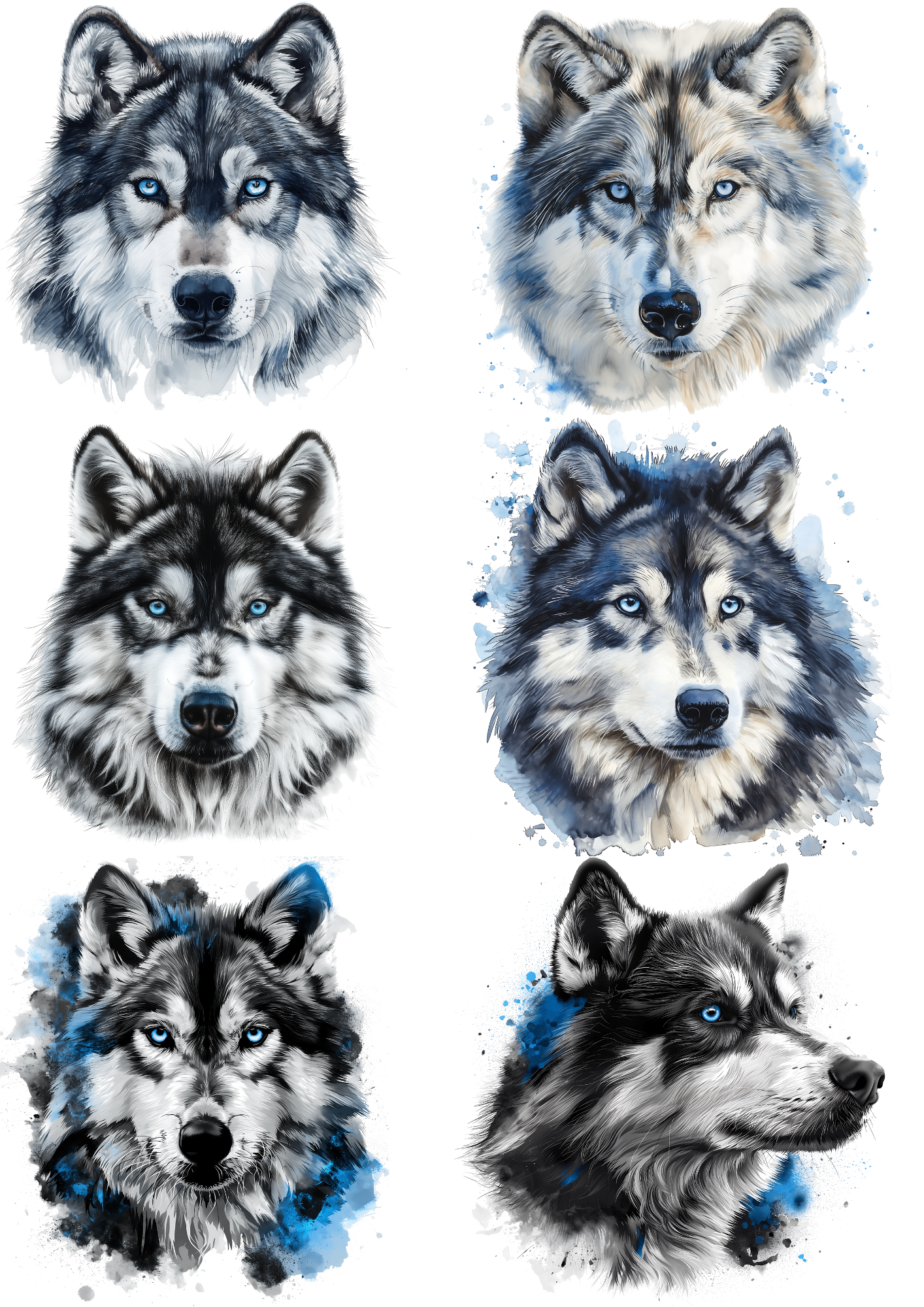 Sticker Sheet / Greeting Card – Wolf Watercolor 5 Collage Cat No. 4158