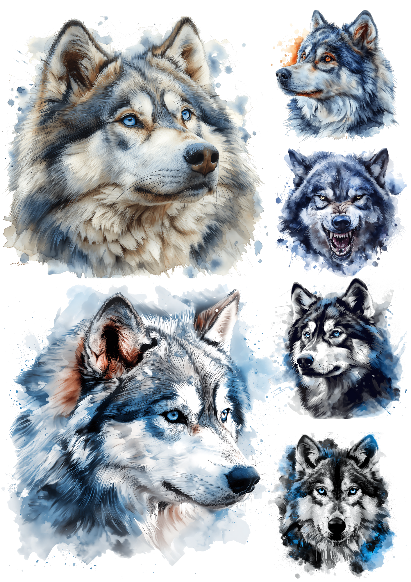 Sticker Sheet / Greeting Card – Wolf Watercolor 7 Collage Cat No. 4160