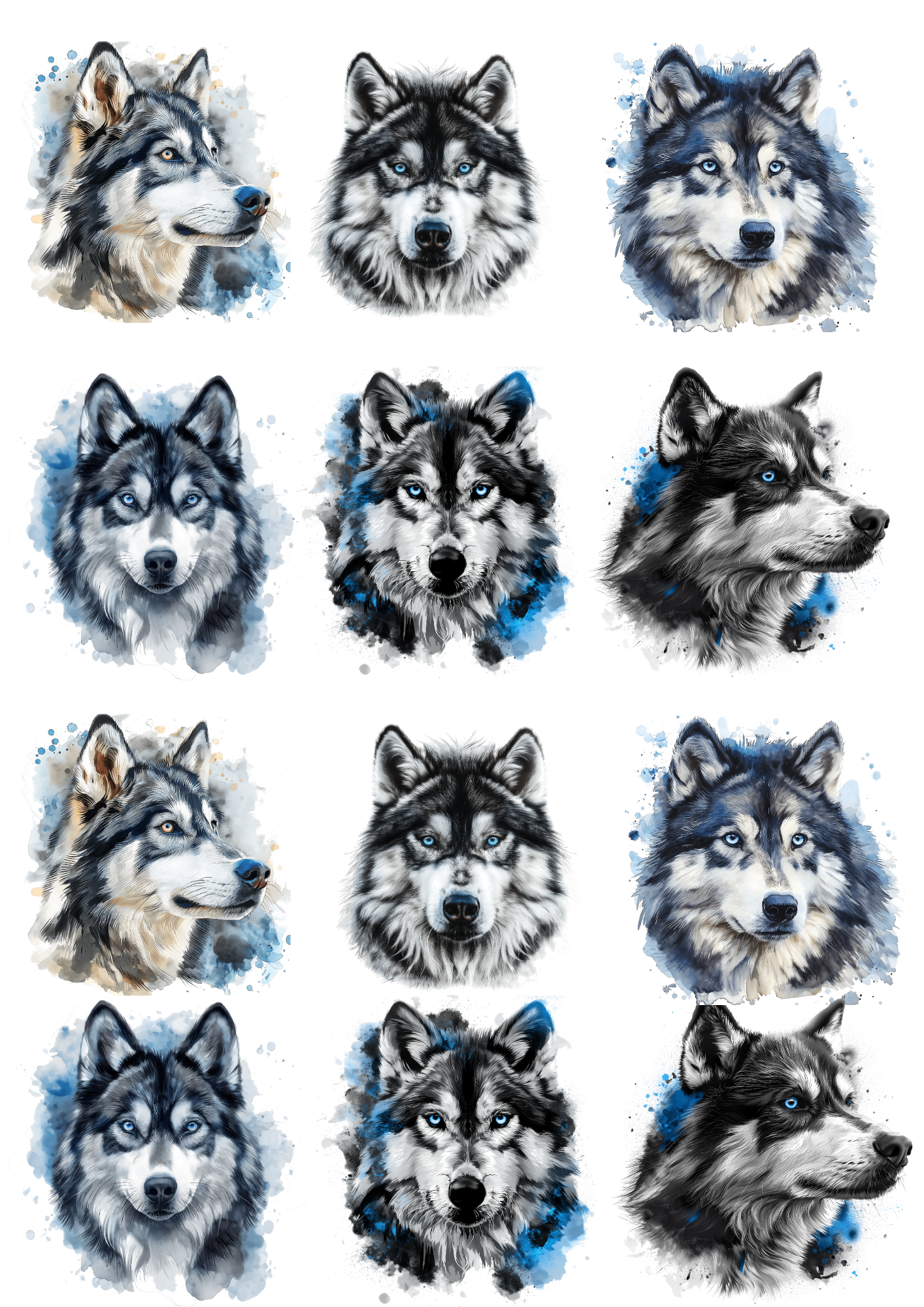 Sticker Sheet / Greeting Card – Wolf Watercolor 8 Collage Cat No. 4161