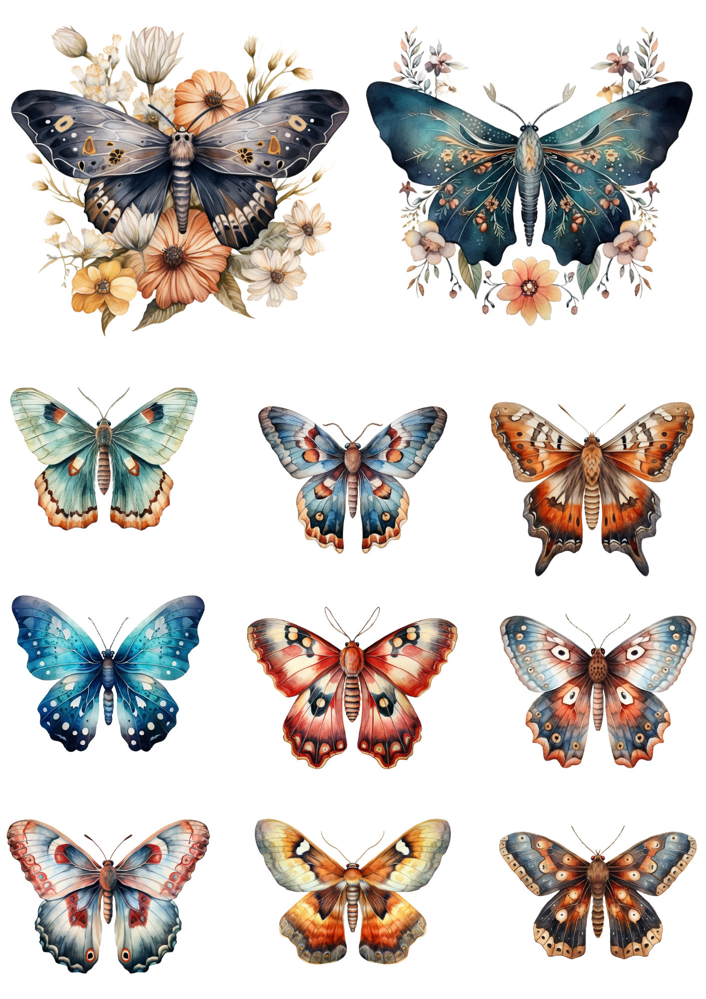 Sticker Sheet / Greeting Card – Moths 3 Watercolor Collage Cat No. 4164