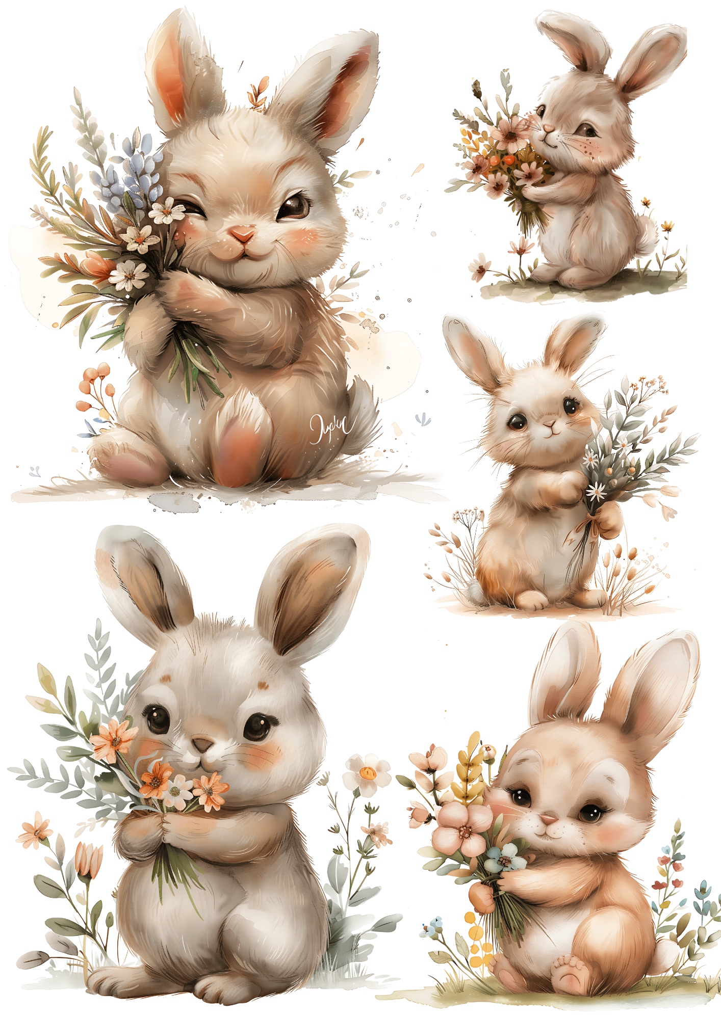 Sticker Sheet / Greeting Card – Easter Bunny Watercolor Collage Cat No. 4165