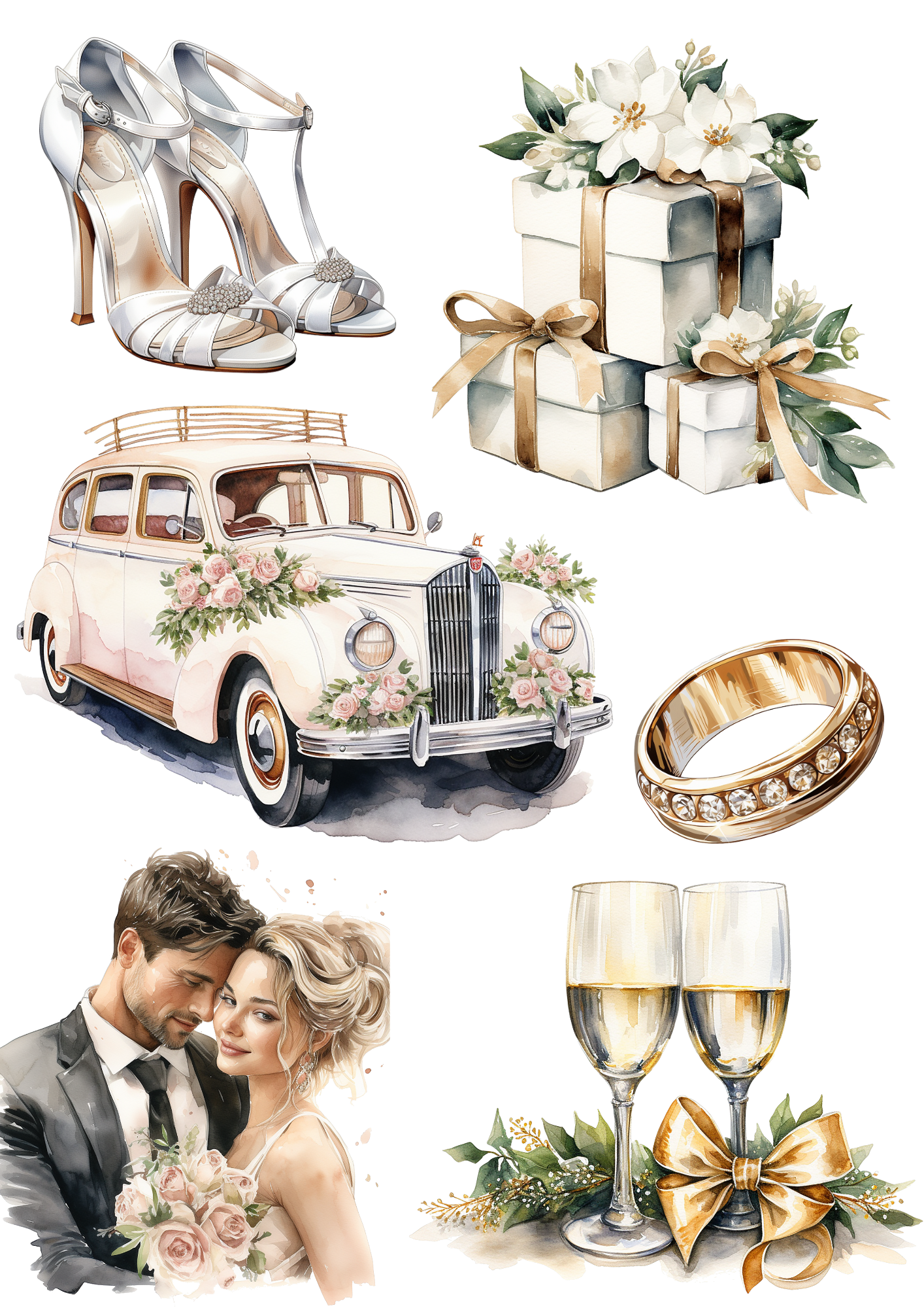 Sticker Sheet / Greeting Card – Wedding Composition Watercolor Collage Cat No. 4169