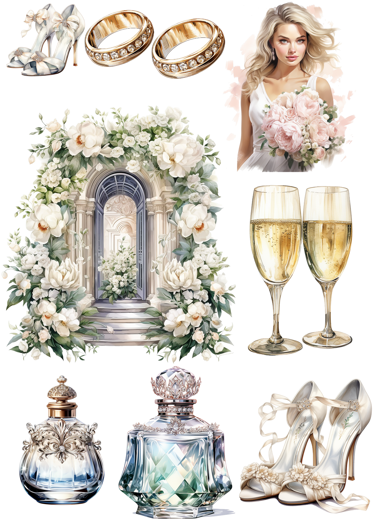 Sticker Sheet / Greeting Card – Wedding Composition 2 Watercolor Collage Cat No. 4170