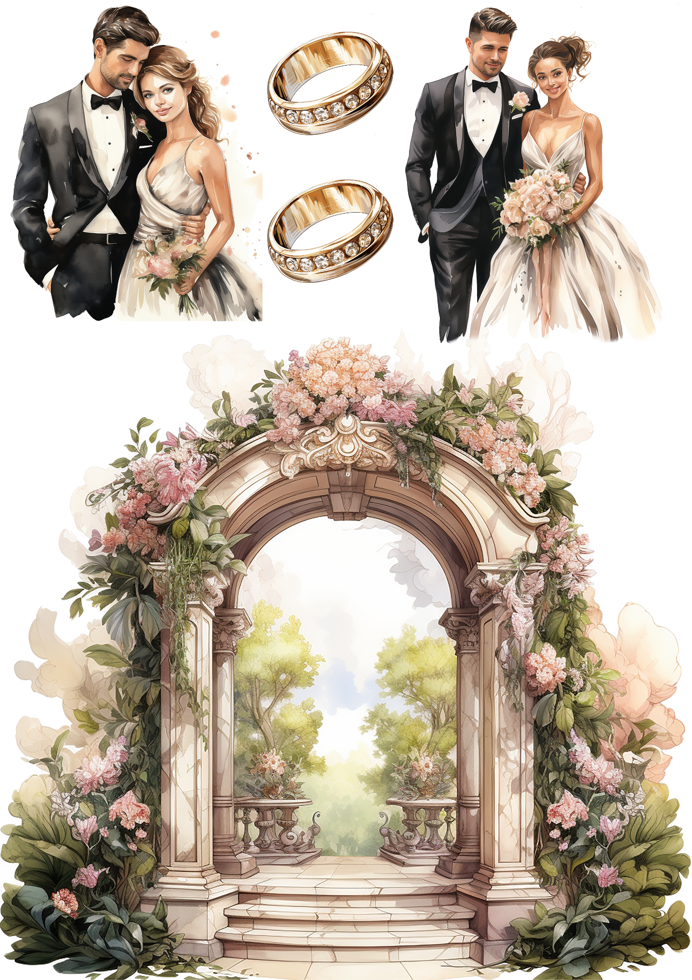 Sticker Sheet / Greeting Card – Wedding Composition 3 Watercolor Collage Cat No. 4171 Cat. No. 00004171