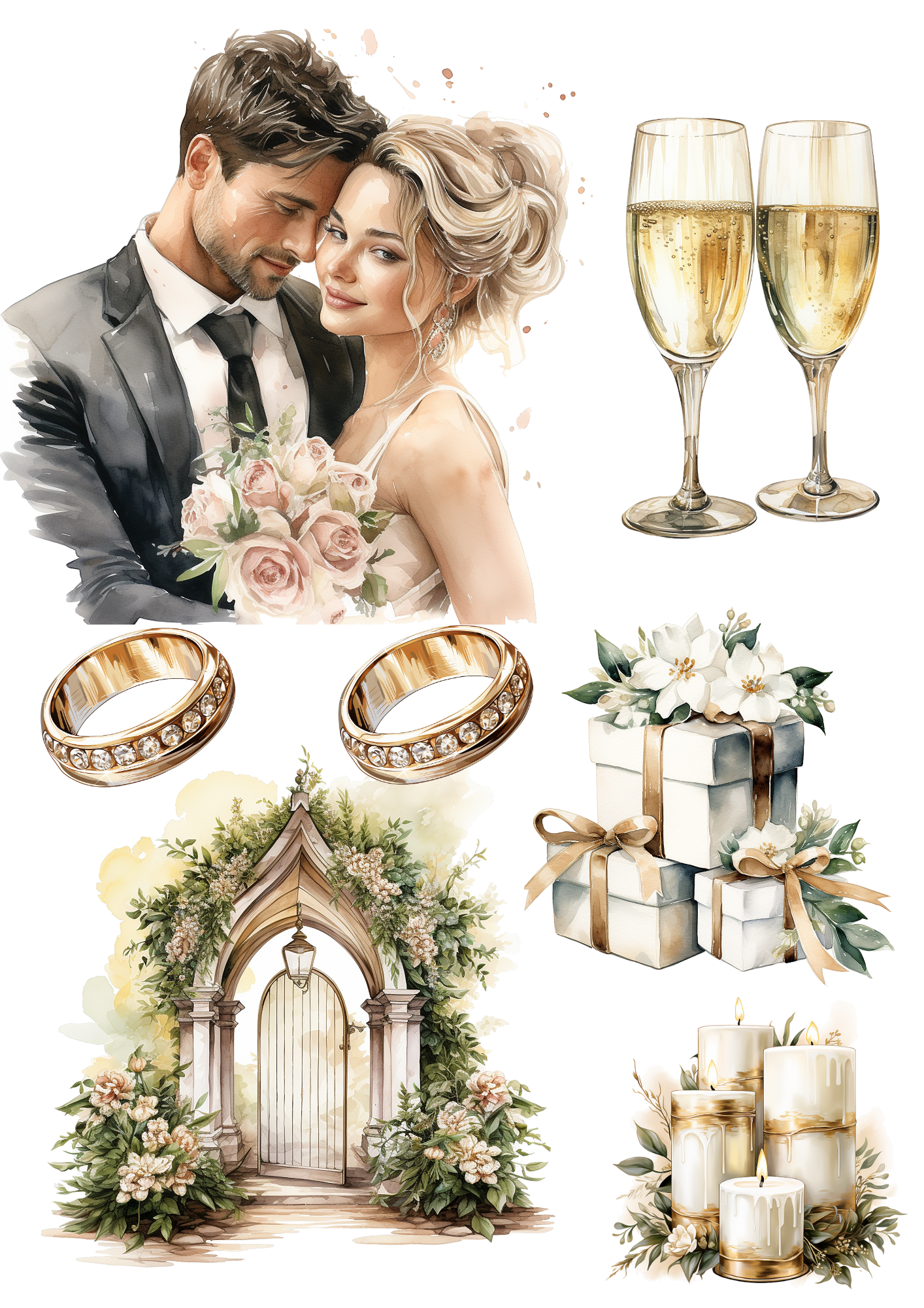 Sticker Sheet / Greeting Card – Wedding Composition 4 Watercolor Collage Cat No. 4172