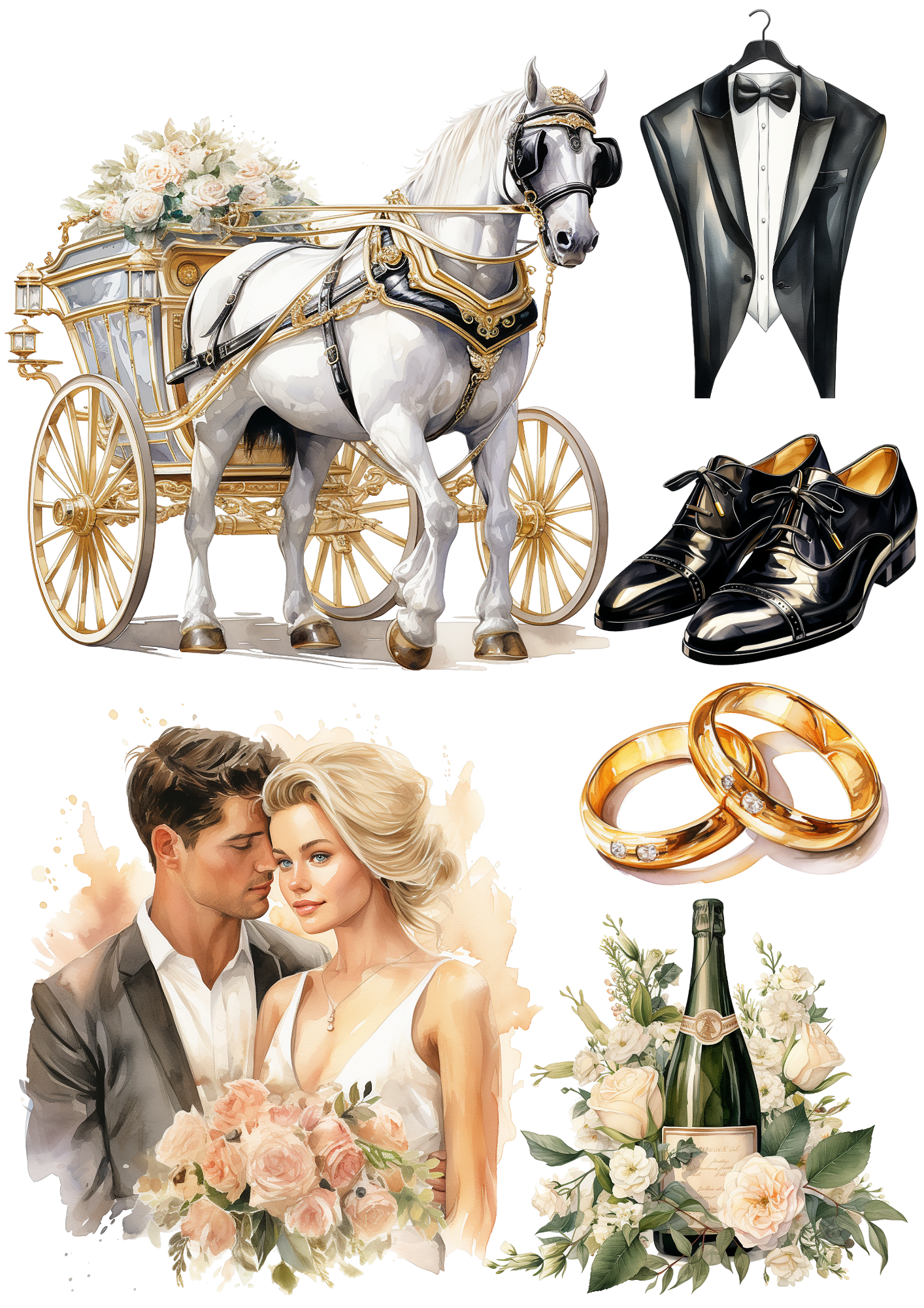 Sticker Sheet / Greeting Card – Wedding Composition 5 Watercolor Collage Cat No. 4173