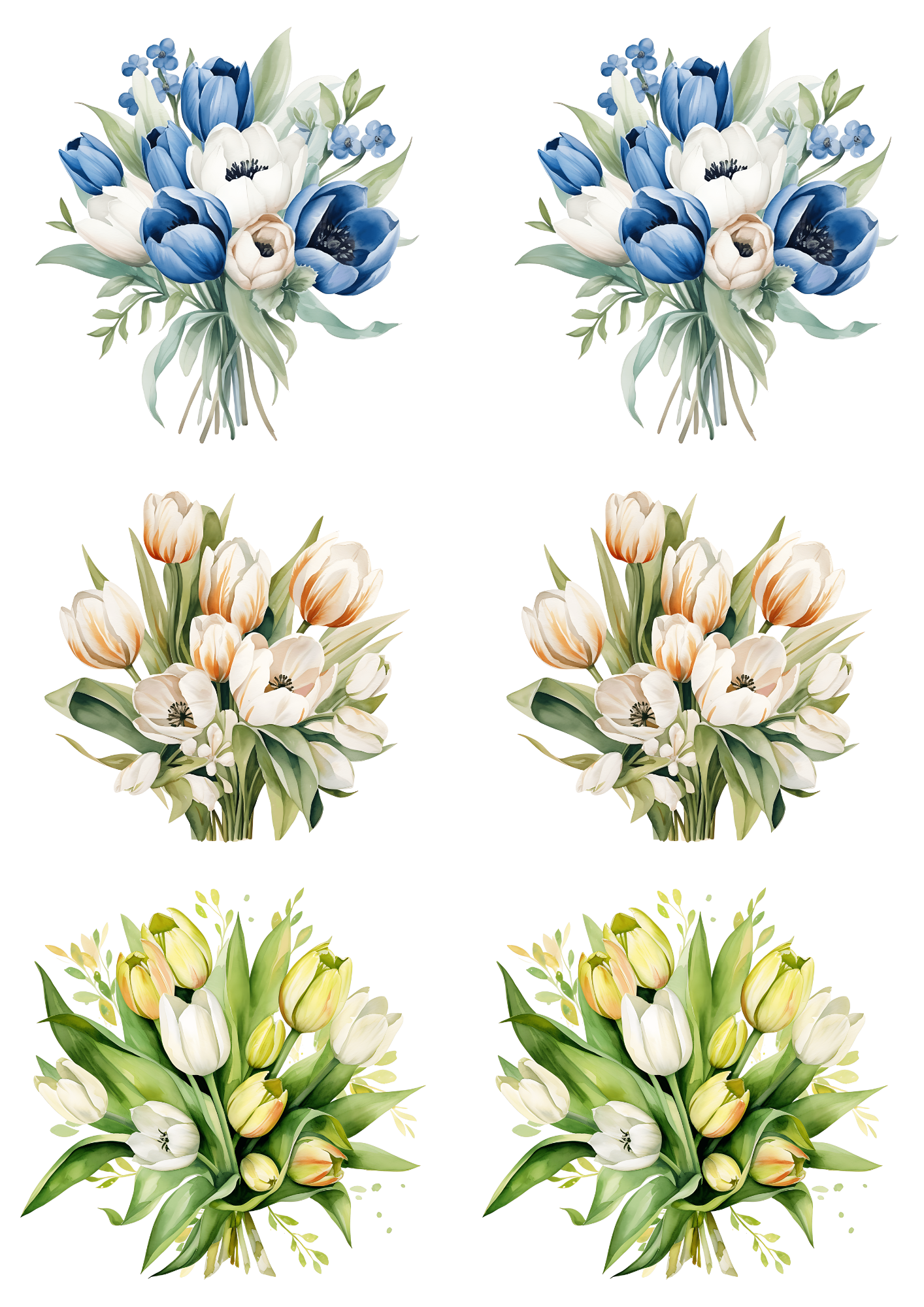 Sticker Sheet / Greeting Card – Tulip Bouquets Watercolor Collage Cat No. 4175