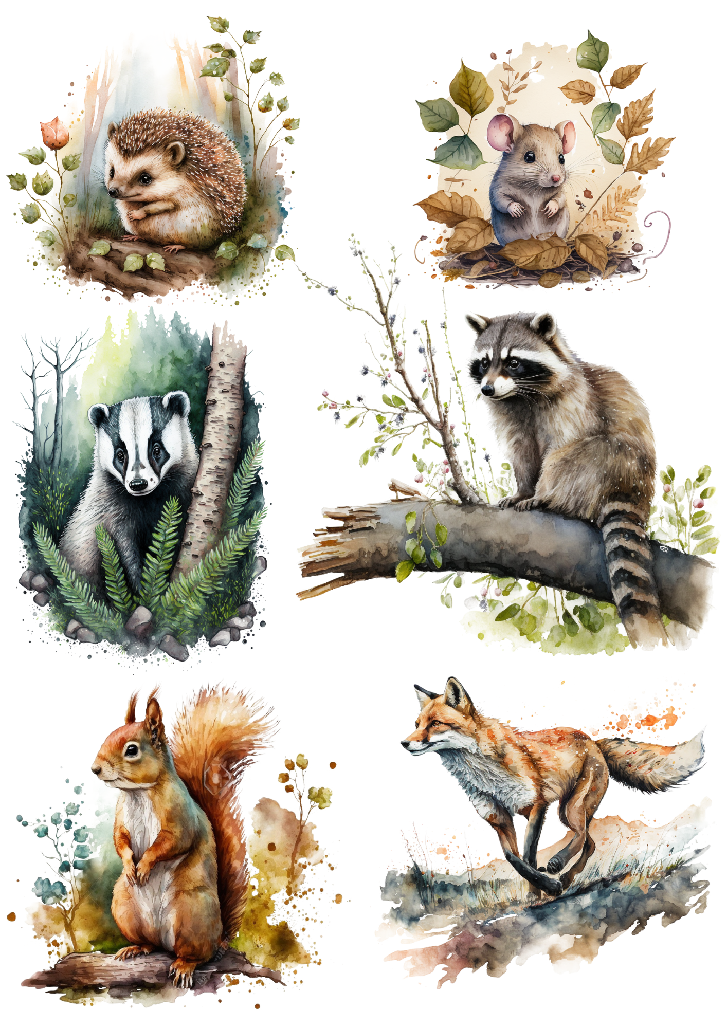 Sticker Sheet / Greeting Card – Forest Various Animals Autumn Collage Cat No. 4183