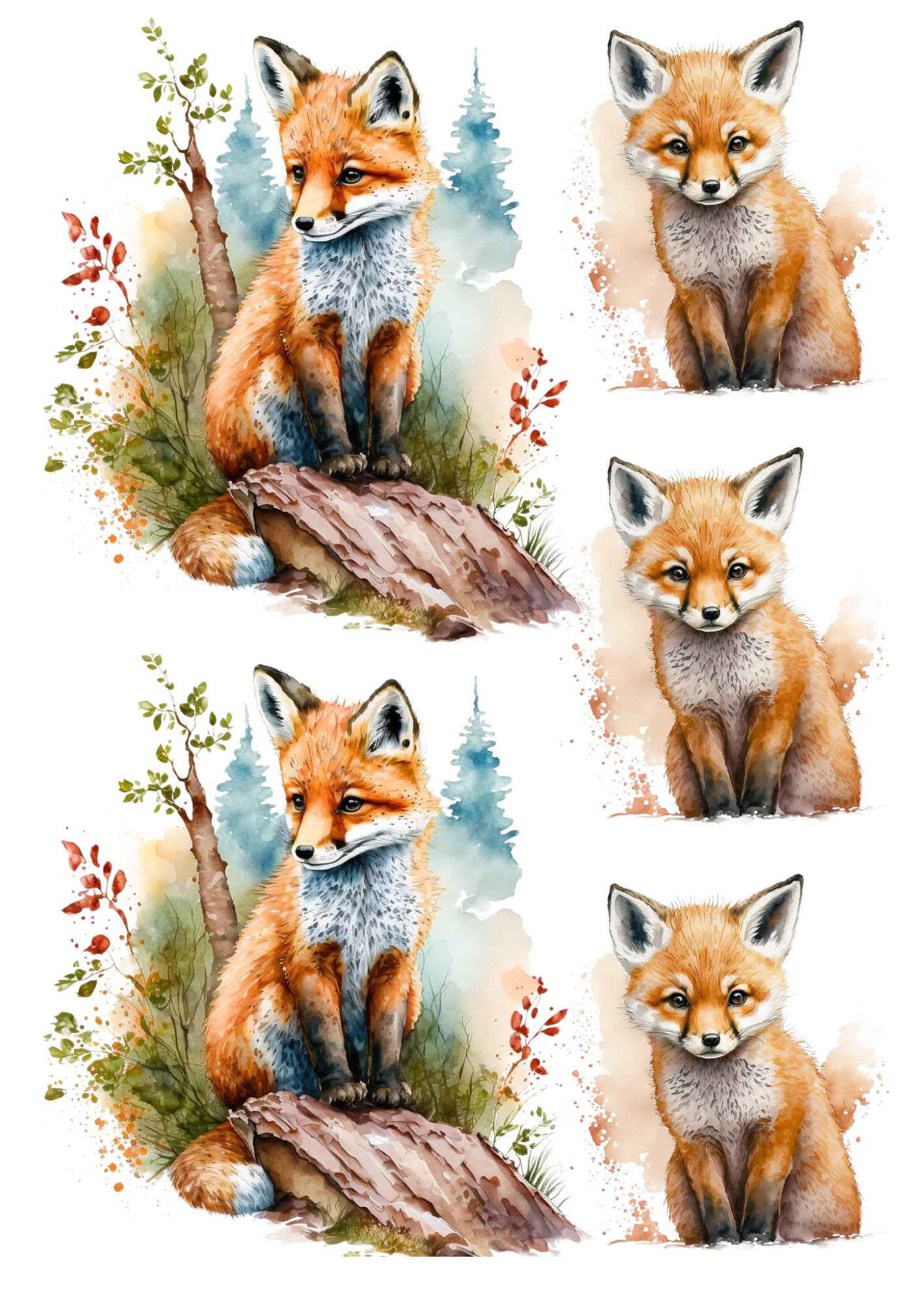 Sticker Sheet / Greeting Card – Little Fox Watercolor Collage Cat No. 4186