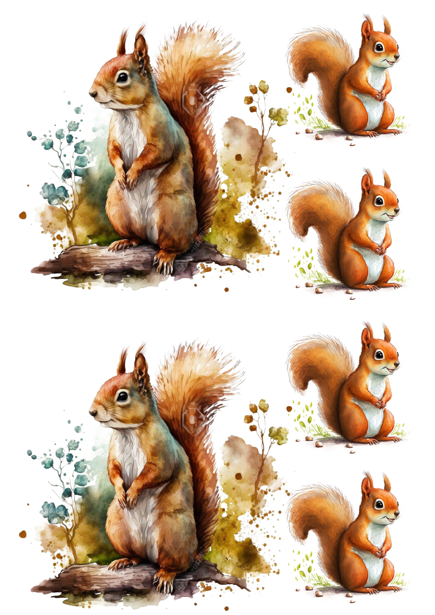 Sticker Sheet / Greeting Card – Red Squirrel Watercolor Collage Cat No. 4187