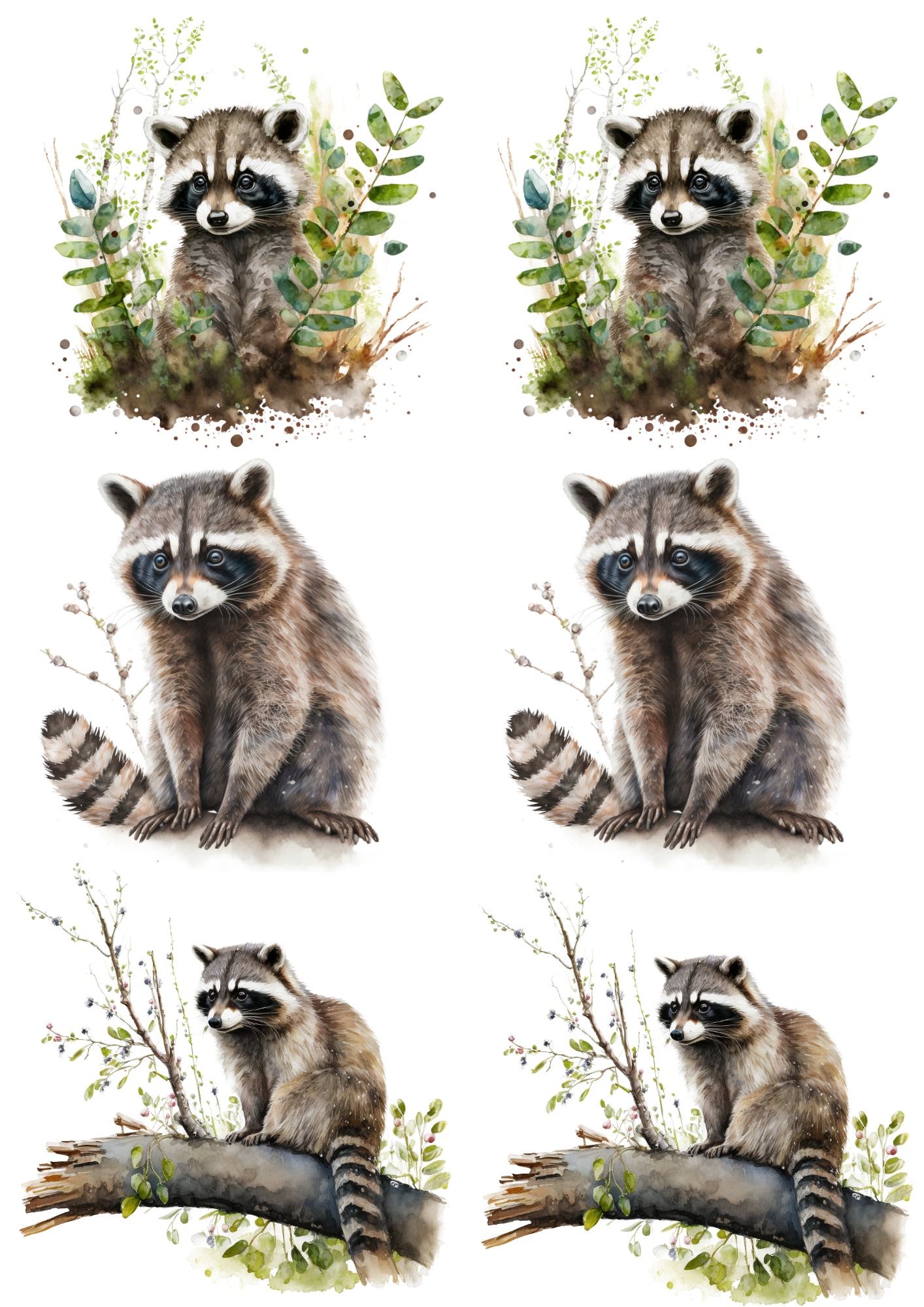 Sticker Sheet / Greeting Card – Raccoon Watercolor Collage Cat No. 4189