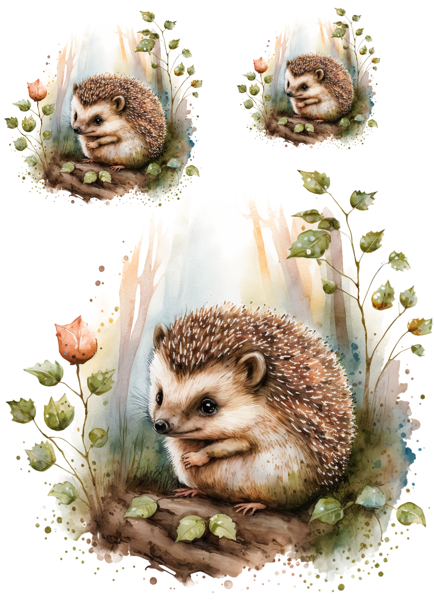 Sticker Sheet / Greeting Card – Hedgehog Watercolor Collage Cat No. 4190