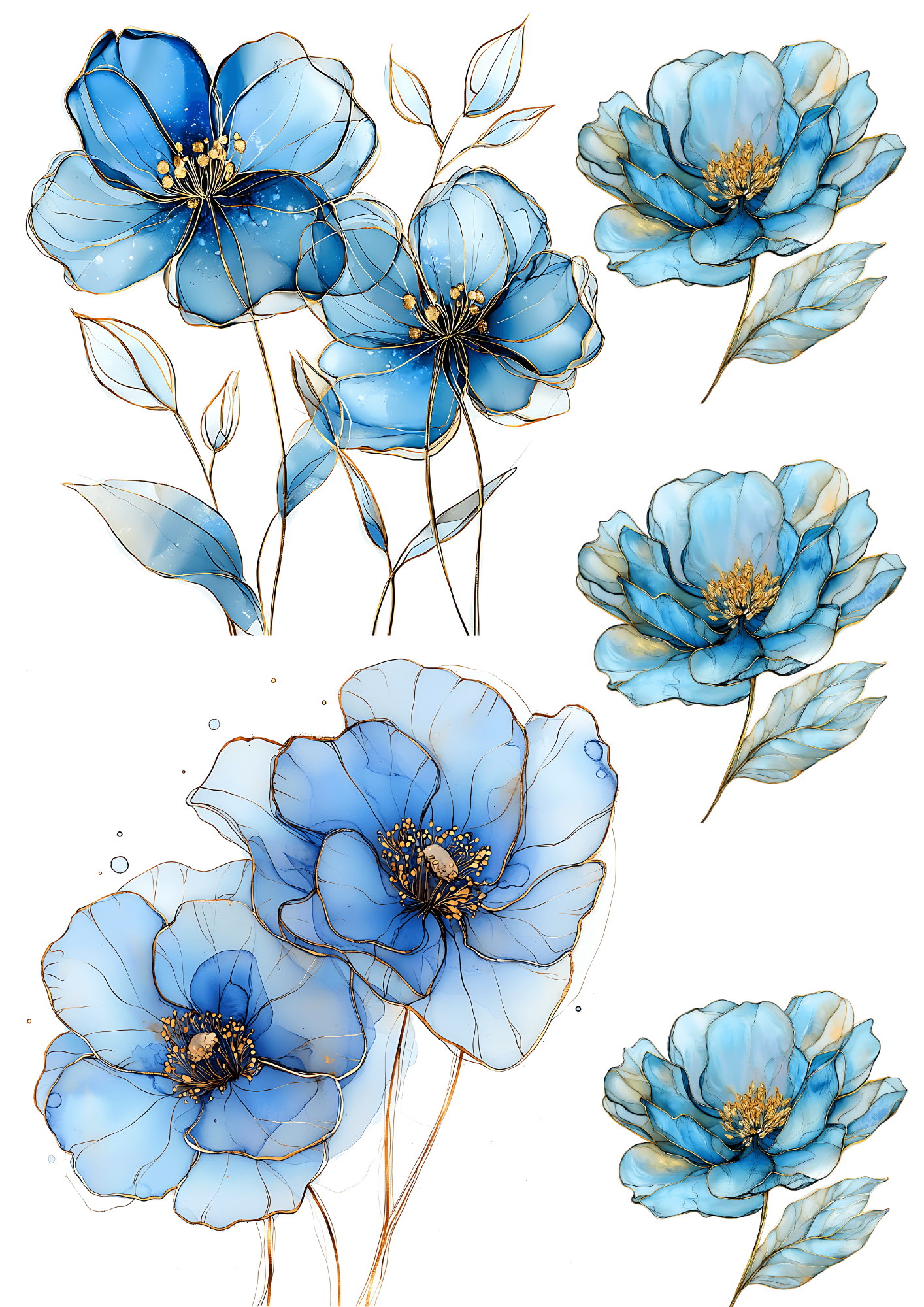 Sticker Sheet / Greeting Card – Blue Poppy Art Watercolor Collage Cat No. 4196