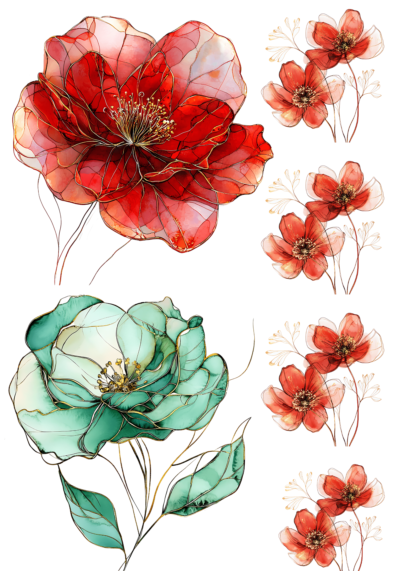 Sticker Sheet / Greeting Card – Ruby Red and Jade Floral Duo Collage Cat No. 4201