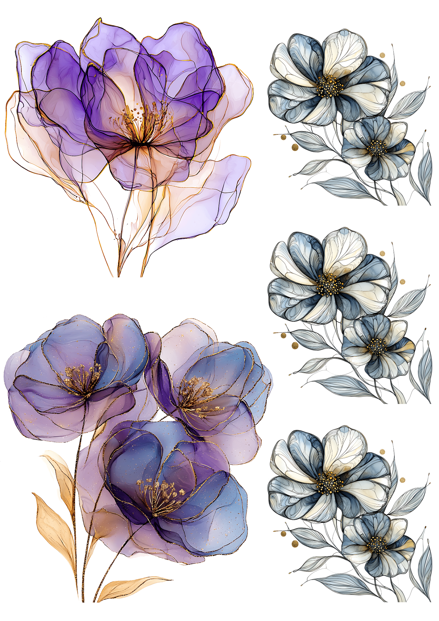 Sticker Sheet / Greeting Card – Ruby Blue and Jade Floral Duo Collage Cat No. 4202