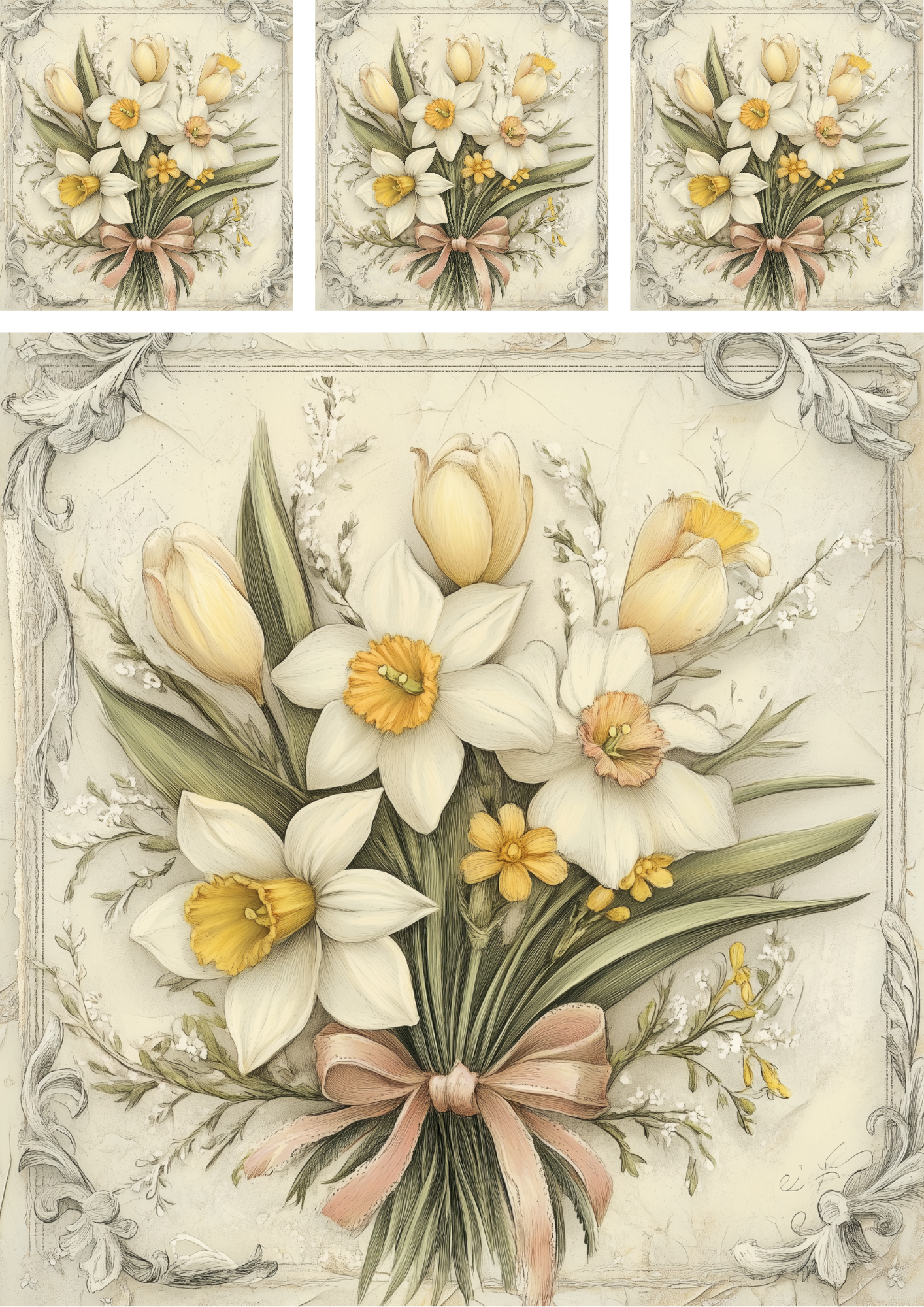 Sticker Sheet / Greeting Card – Bouquet of Spring Daffodils Shabby Chic Collage No. Cat. 4216