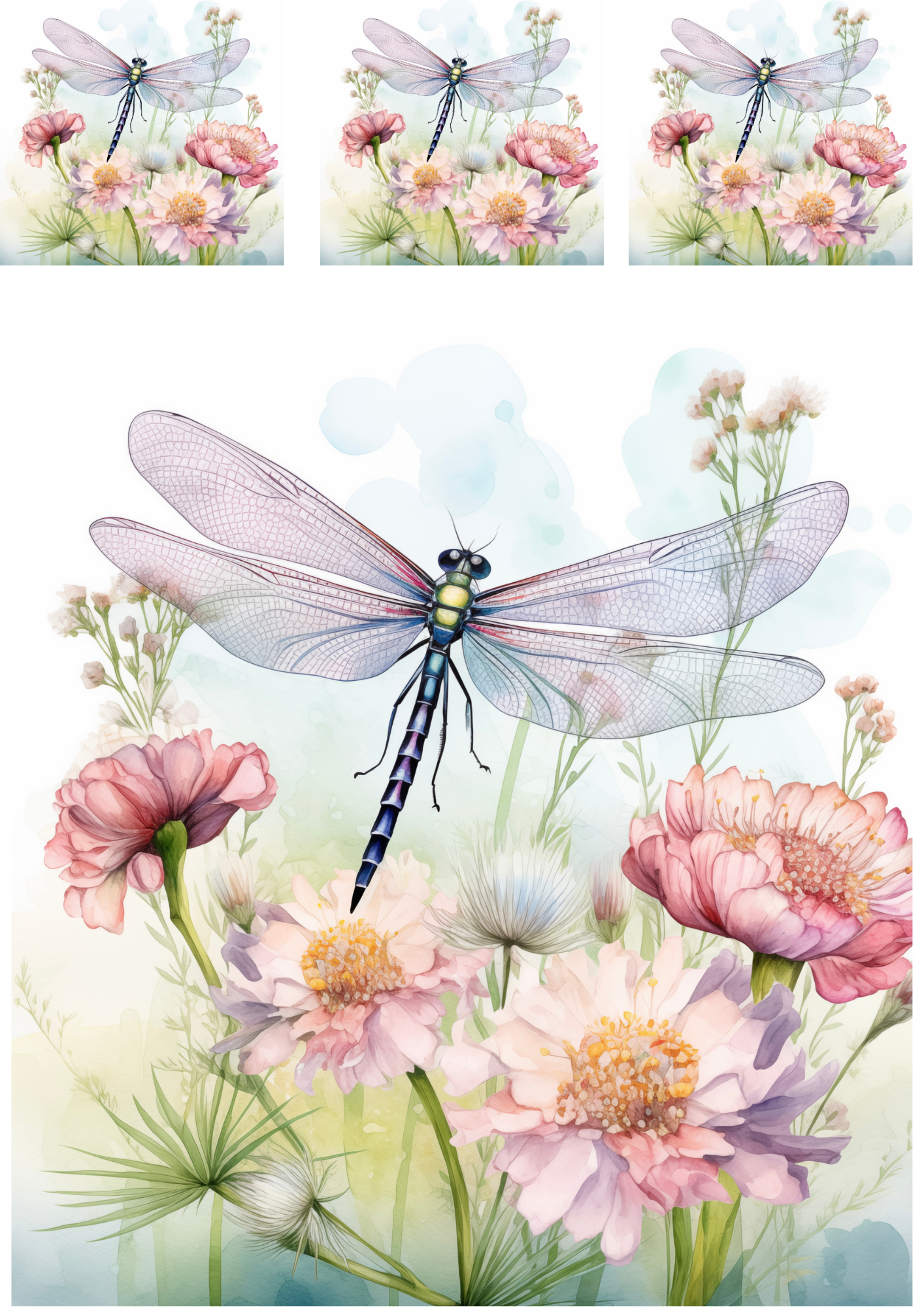 Sticker Sheet – Dragonfly And Blooming Flowers Shabby Chic Collage Cat. No. 4217