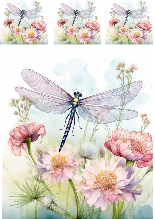 Sticker Sheet – Dragonfly And Blooming Flowers Shabby Chic Collage Cat. No. 4217