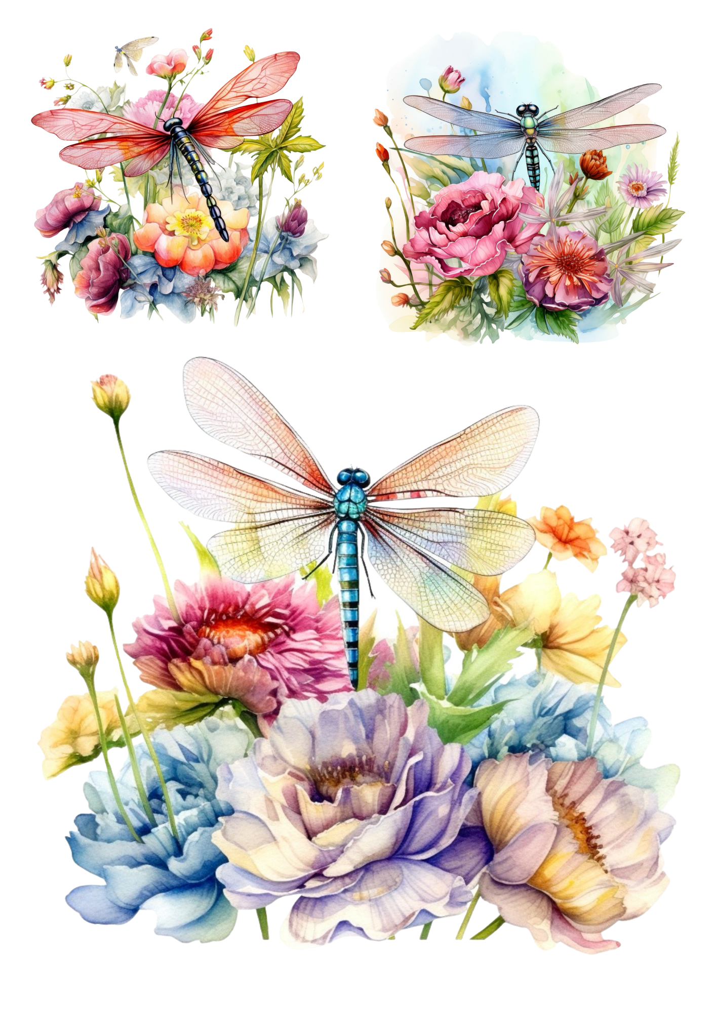 Sticker Sheet / Greeting Card – Dragonfly On Spring Flowers Watercolors Collage Cat. No. 4221