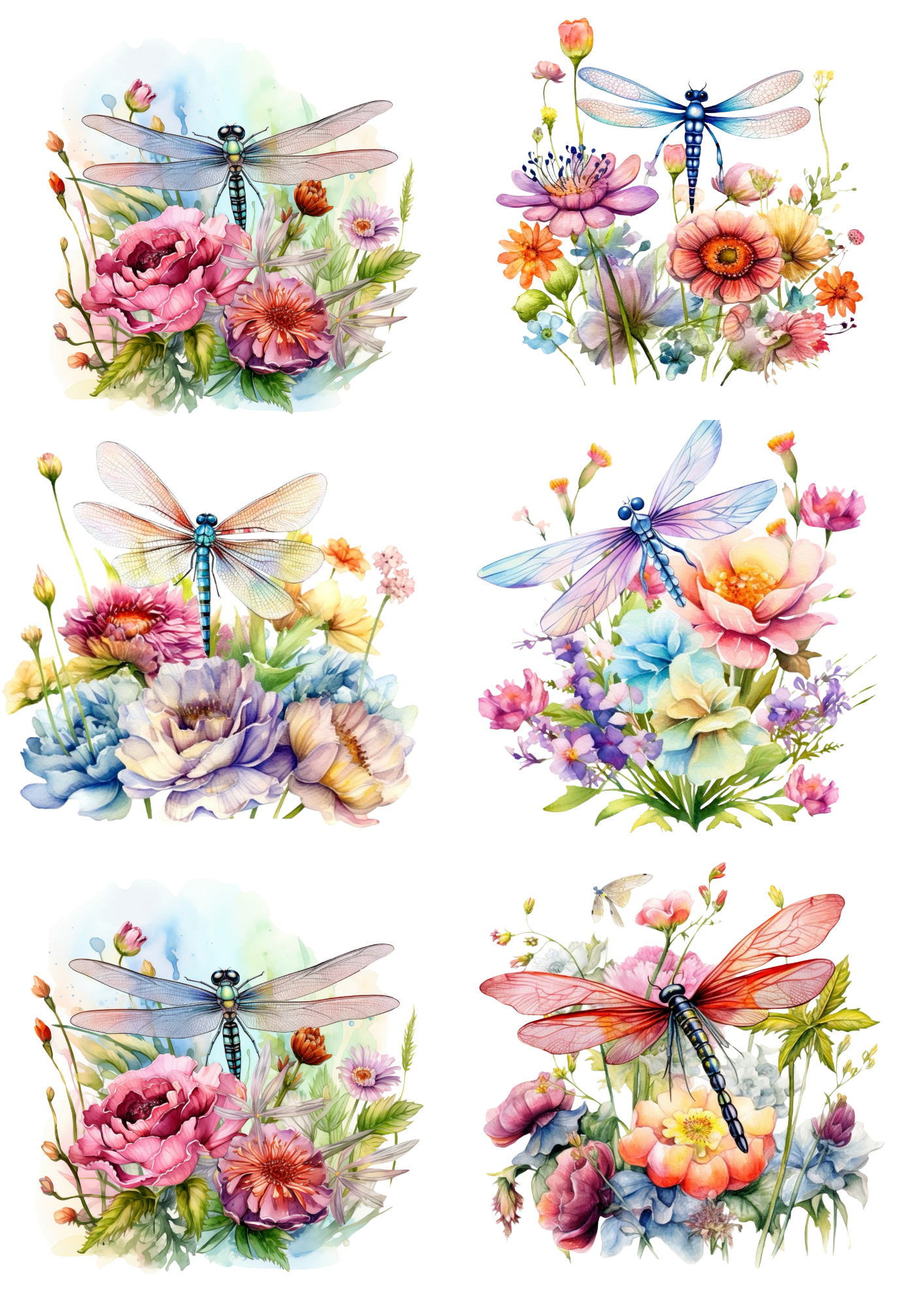 Sticker Sheet – Dragonfly On Spring Flowers 2 Watercolors Collage Cat. No. 4222