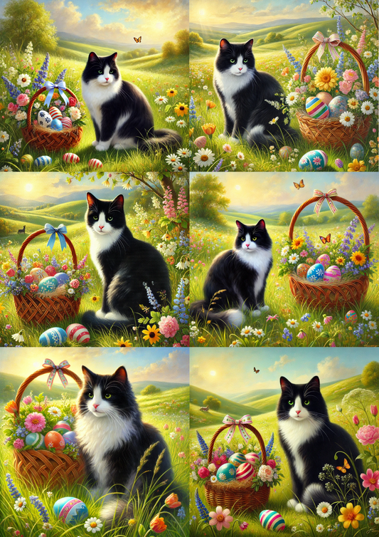 Sticker Sheet Cat and Easter Eggs in a Basket Collage Cat. No. 4224