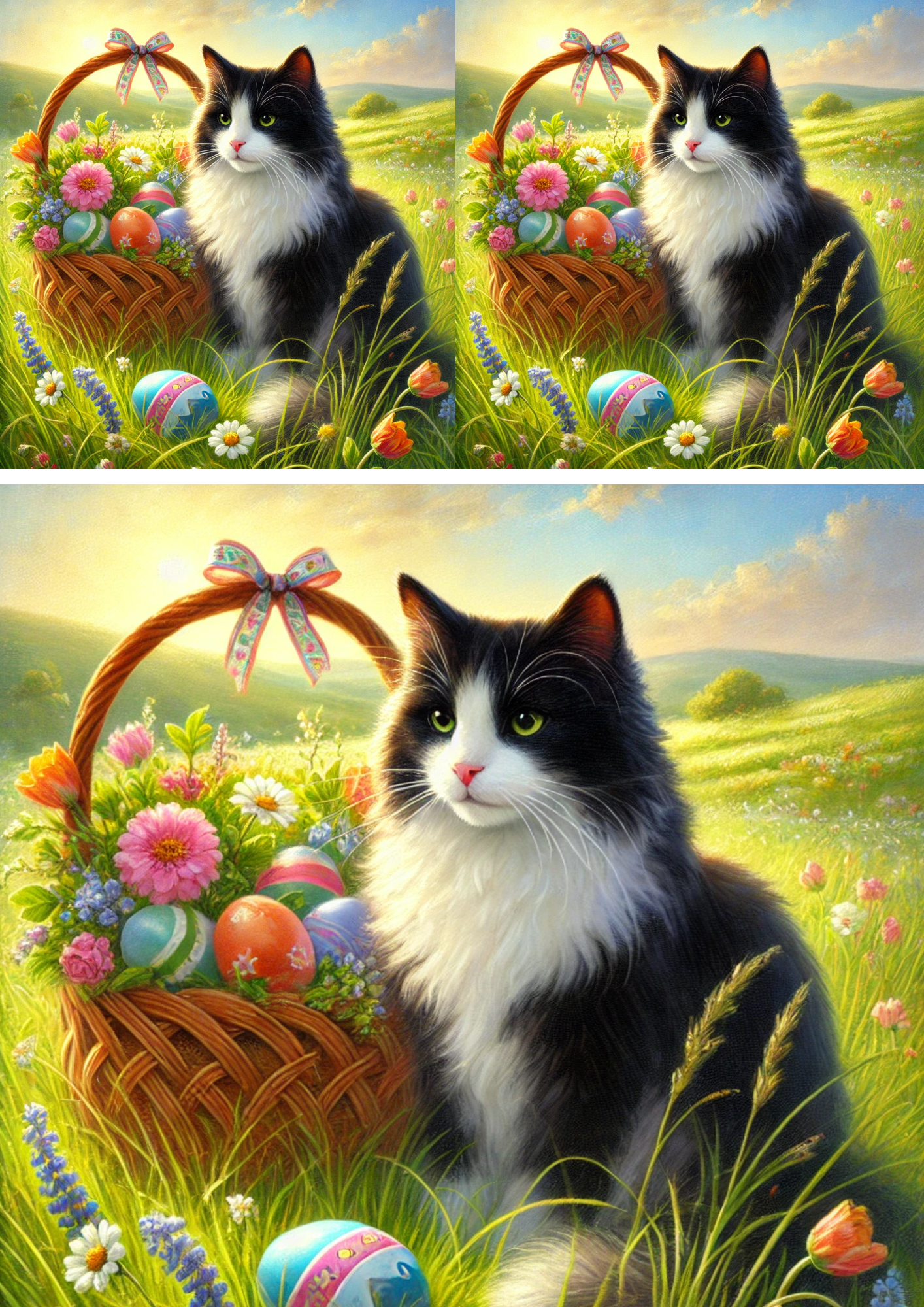 Sticker Sheet / Greeting Card – Cat and Easter Eggs in a Basket 2 Collage Cat. No. 4225