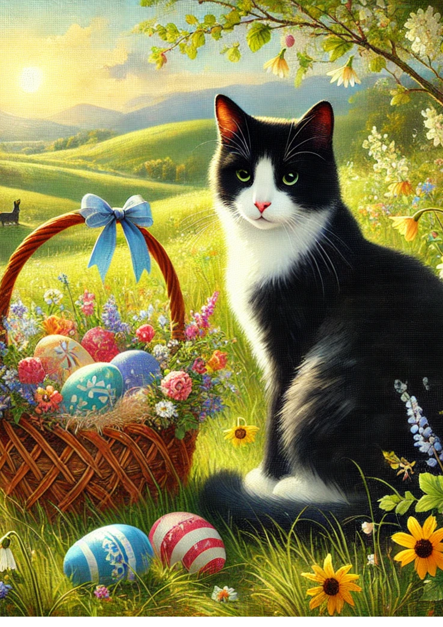 Sticker Sheet / Greeting Card – Cat and Easter Eggs in a Basket Full Cat. No. 4226
